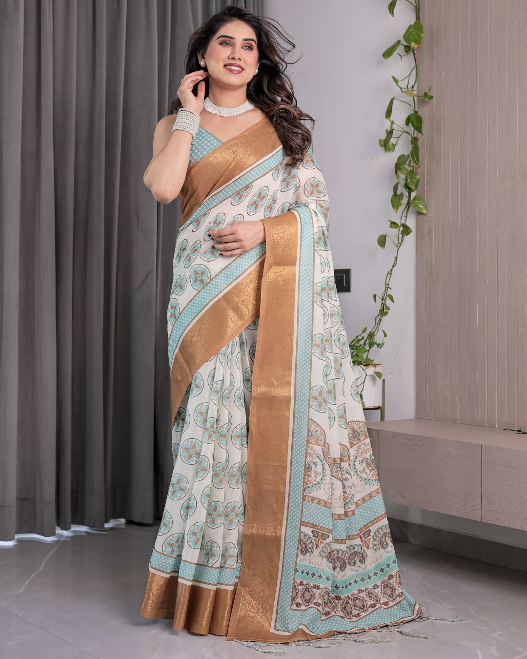 Handloom Linen Saree with Multicolor Leaf Print & Tribal Geometric Pallu | Zari Border | 5.5m Saree + 0.8m Blouse with Tassels(Pack of 1)