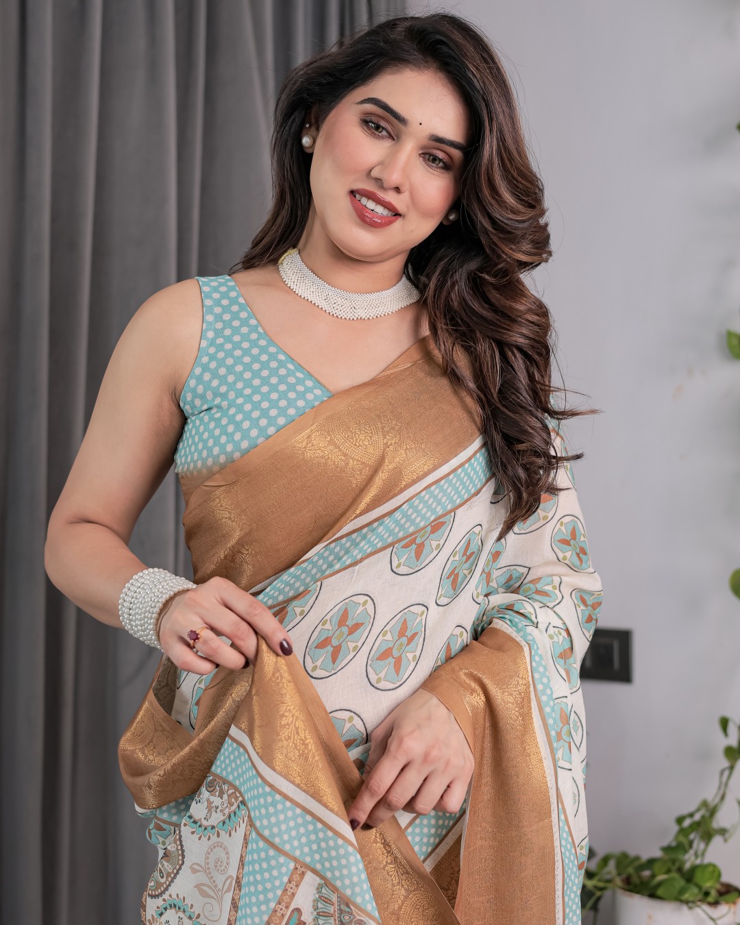 Handloom Linen Saree with Multicolor Leaf Print & Tribal Geometric Pallu | Zari Border | 5.5m Saree + 0.8m Blouse with Tassels(Pack of 1)