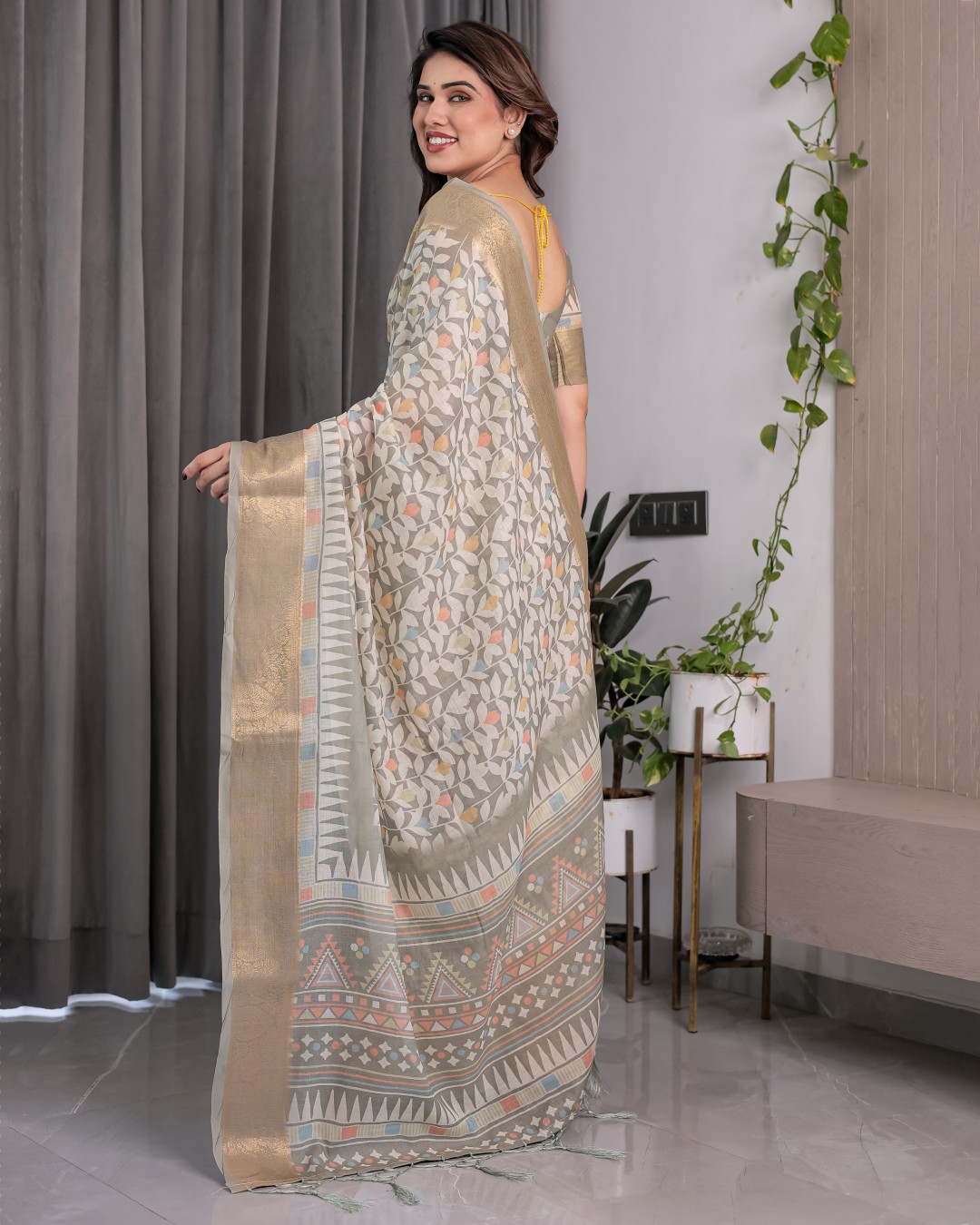 Handloom Linen Saree with Multicolor Leaf Print & Tribal Geometric Pallu | Zari Border | 5.5m Saree + 0.8m Blouse with Tassels(Pack of 1)