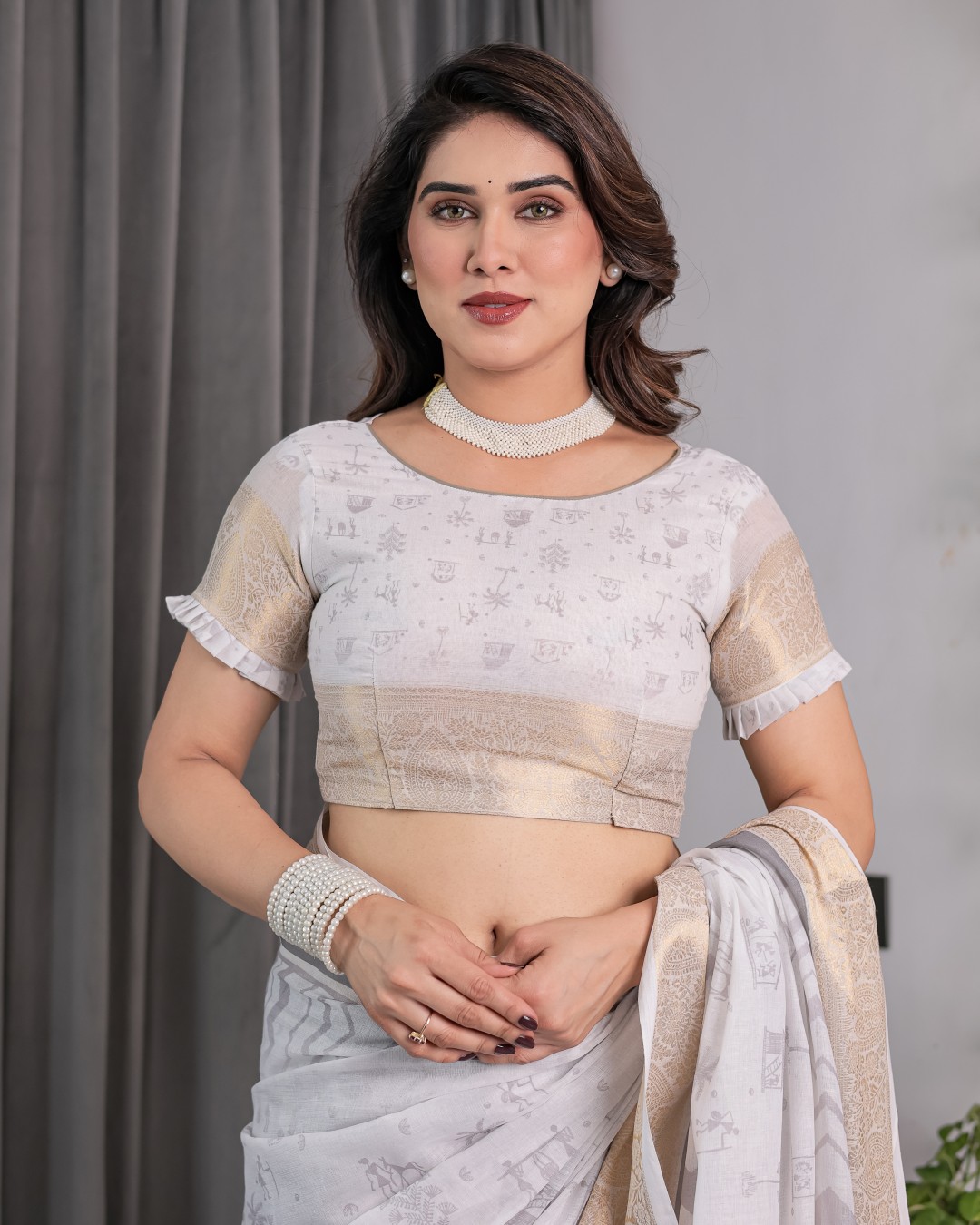 Handloom Linen Saree with Maroon Tribal Geometric Digital Print & Zari Border | Festive Drape | 5.5m Saree + 0.8m Blouse(Pack of 1)