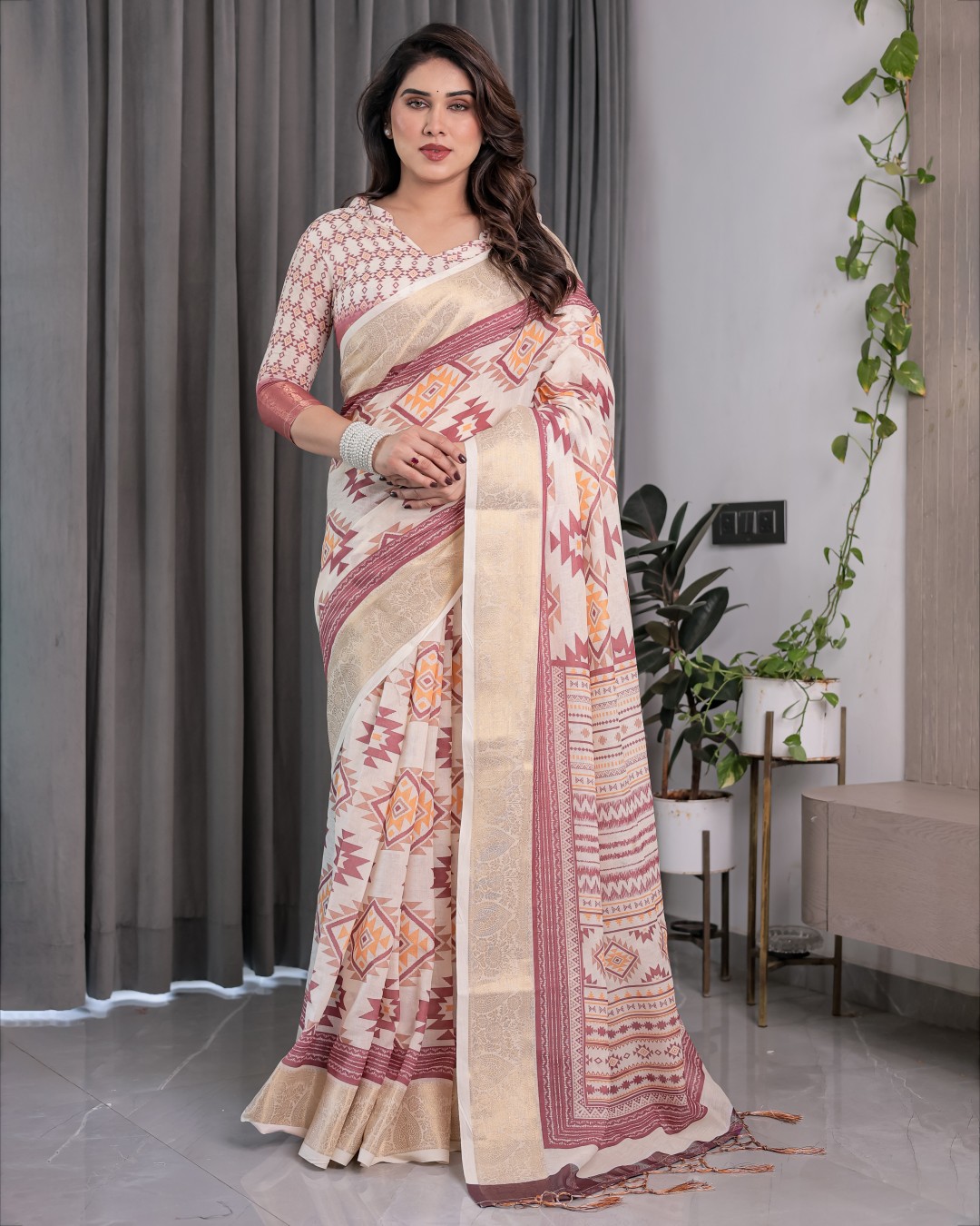 Handloom Linen Saree with Maroon Tribal Geometric Digital Print & Zari Border | Festive Drape | 5.5m Saree + 0.8m Blouse(Pack of 1)
