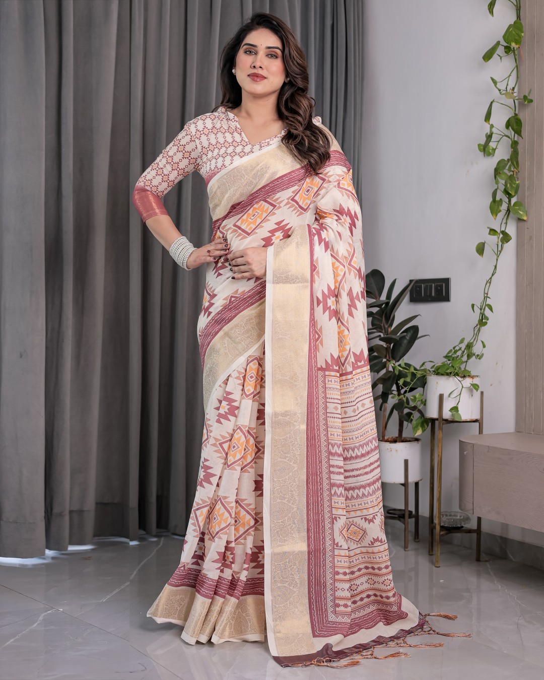 Handloom Linen Saree with Maroon Tribal Geometric Digital Print & Zari Border | Festive Drape | 5.5m Saree + 0.8m Blouse(Pack of 1)
