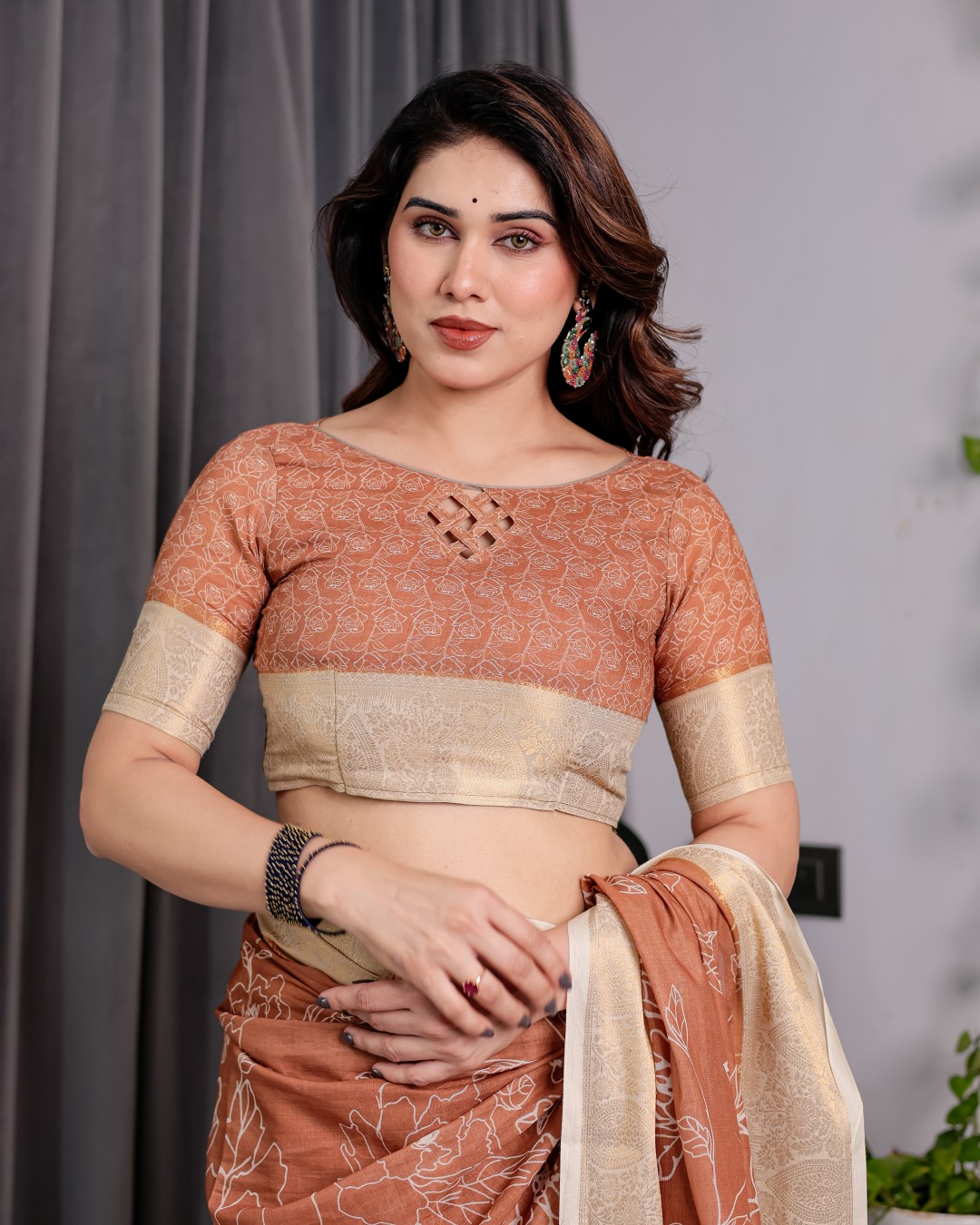 Handloom Linen Saree with Peacock & Floral Digital Print, Zari Border & Tassel Pallu | 5.5m Saree + 0.8m Blouse(Pack of 1)