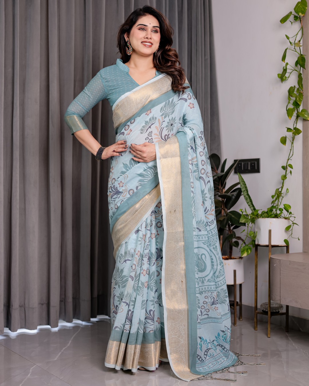 Handloom Linen Saree with Peacock & Floral Digital Print, Zari Border & Tassel Pallu | 5.5m Saree + 0.8m Blouse(Pack of 1)