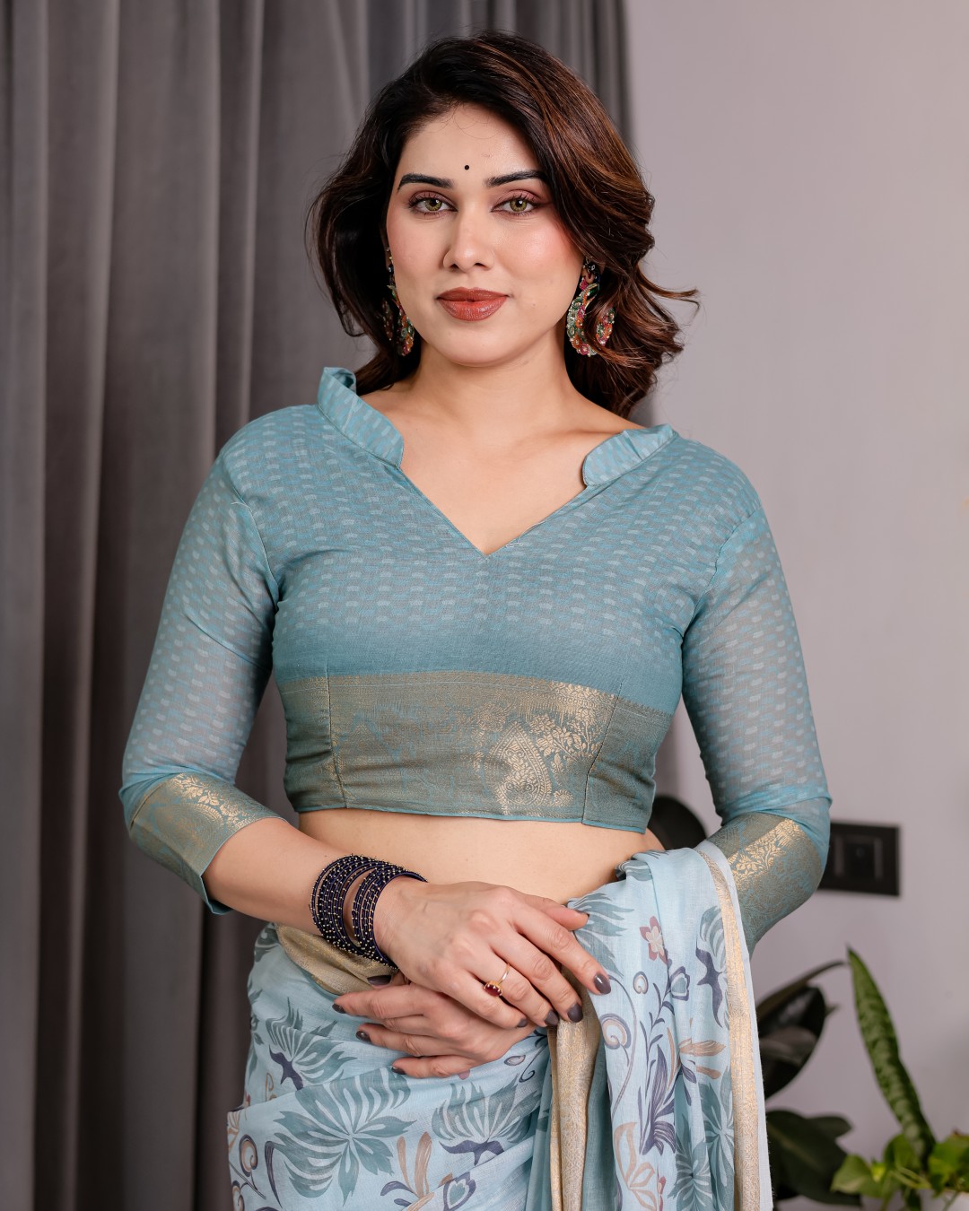 Handloom Linen Saree with Peacock & Floral Digital Print, Zari Border & Tassel Pallu | 5.5m Saree + 0.8m Blouse(Pack of 1)