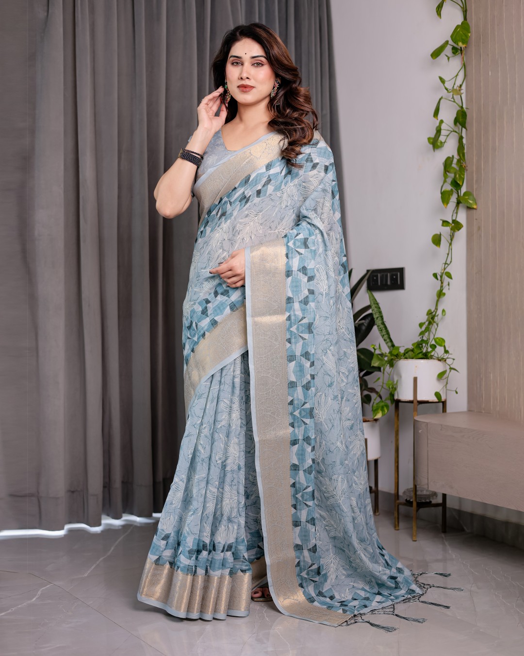Handloom Linen Saree with Peacock & Floral Digital Print, Zari Border & Tassel Pallu | 5.5m Saree + 0.8m Blouse(Pack of 1)