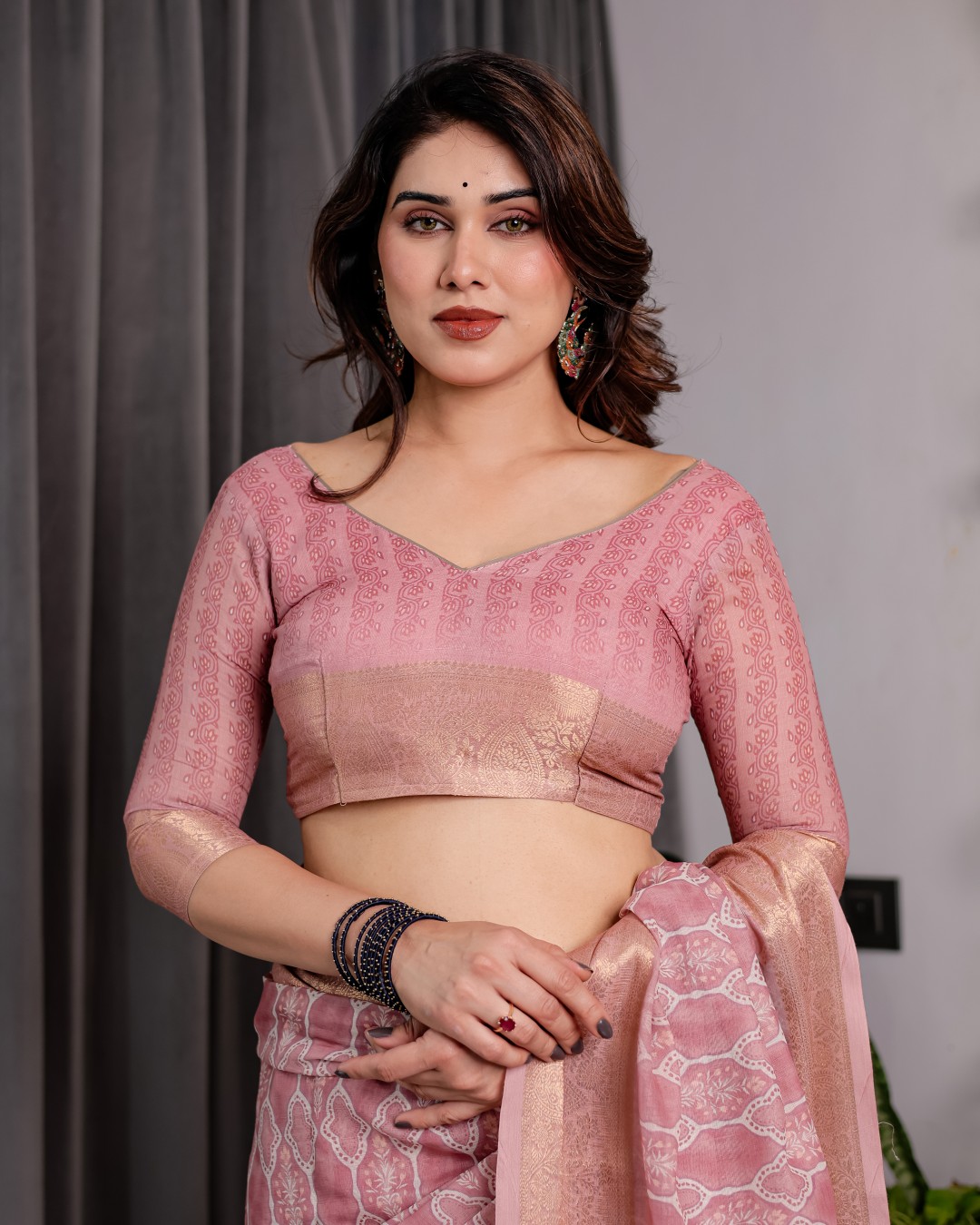 Handloom Linen Saree with Peacock & Floral Digital Print, Zari Border & Tassel Pallu | 5.5m Saree + 0.8m Blouse(Pack of 1)