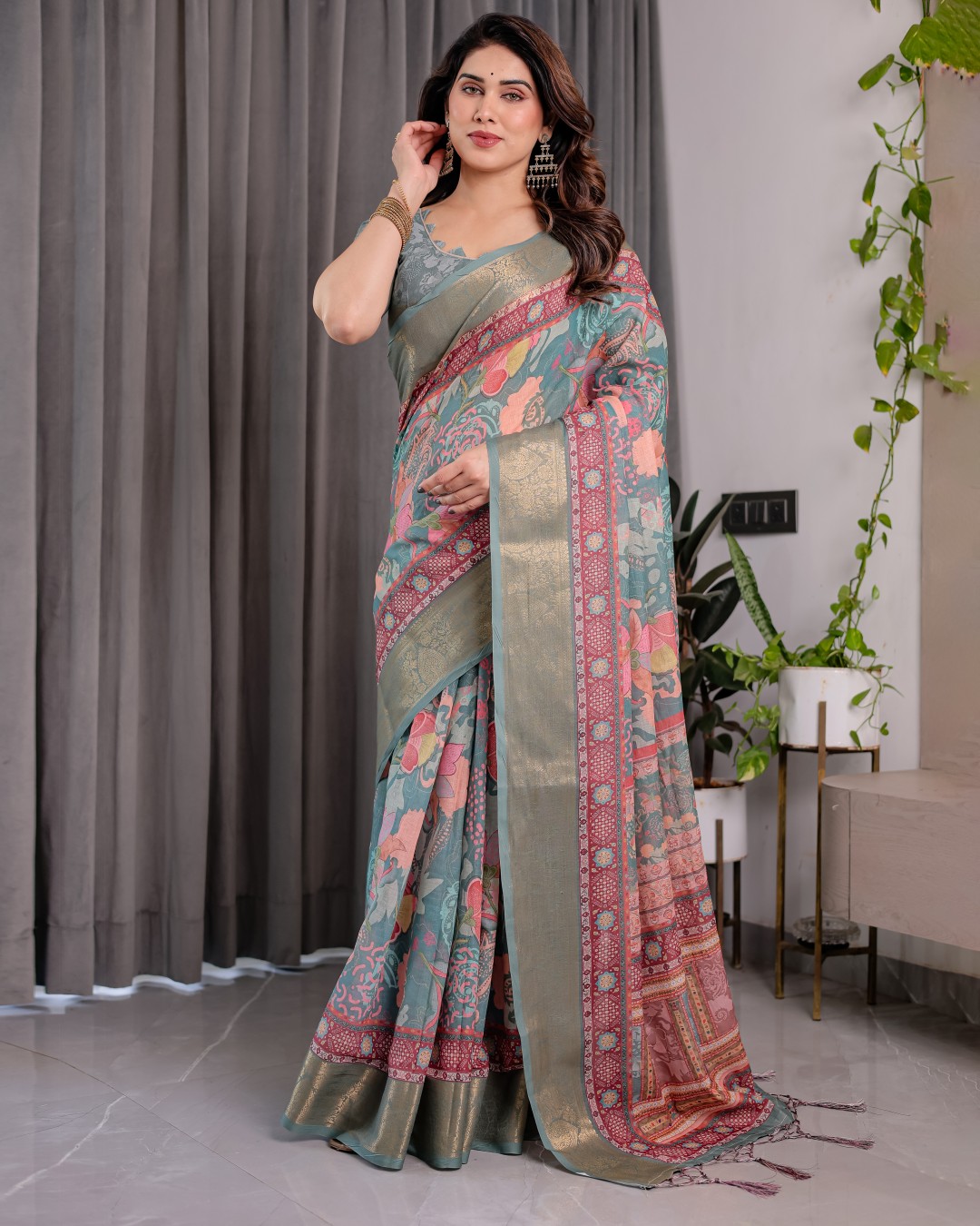 Handloom Linen Saree with Multicolor Mythical Elephant & Floral Printed Pallu | Zari Border | 5.5m Saree + 0.8m Blouse | Festive Tassel Finish(Pack of 1)