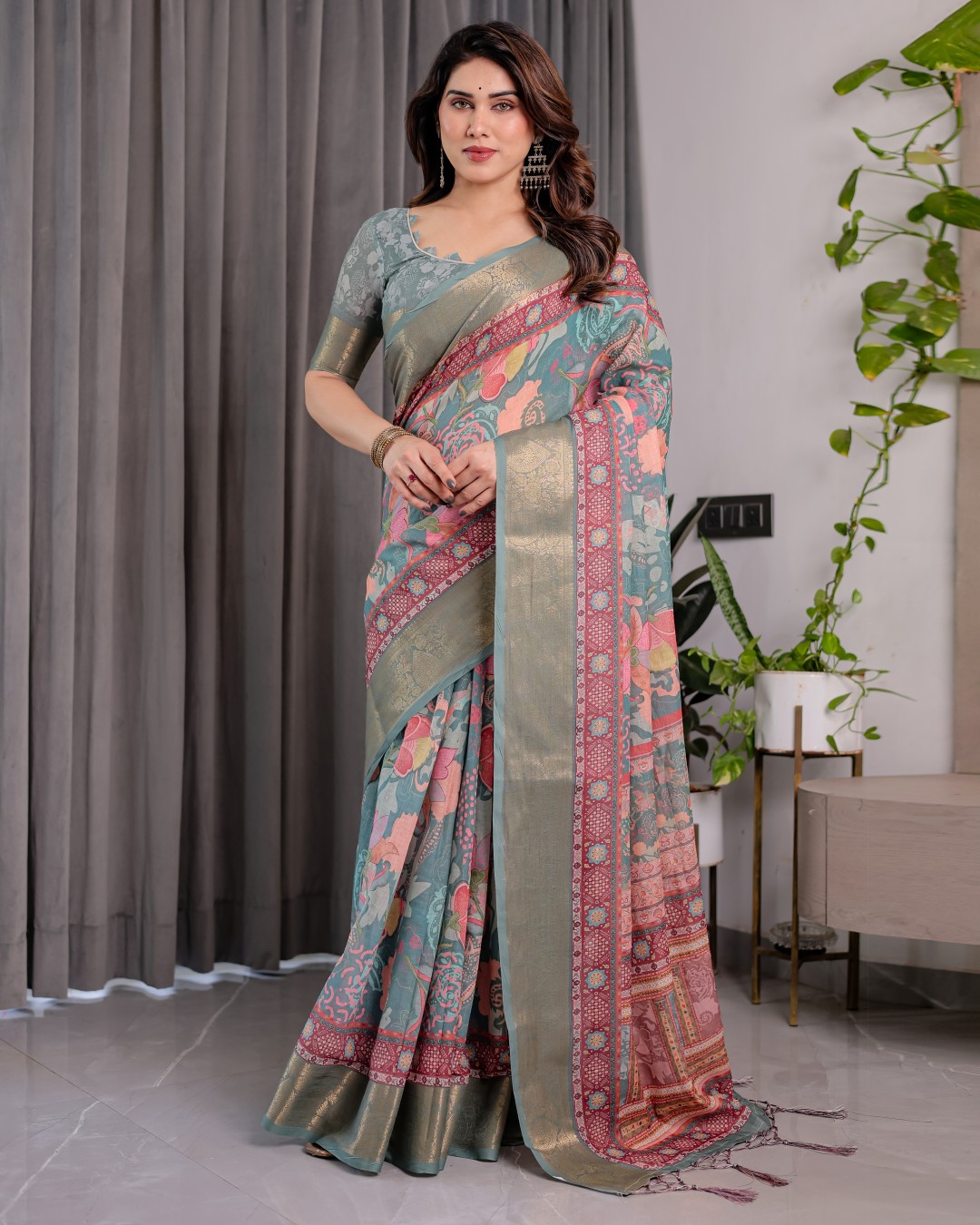 Handloom Linen Saree with Multicolor Mythical Elephant & Floral Printed Pallu | Zari Border | 5.5m Saree + 0.8m Blouse | Festive Tassel Finish(Pack of 1)