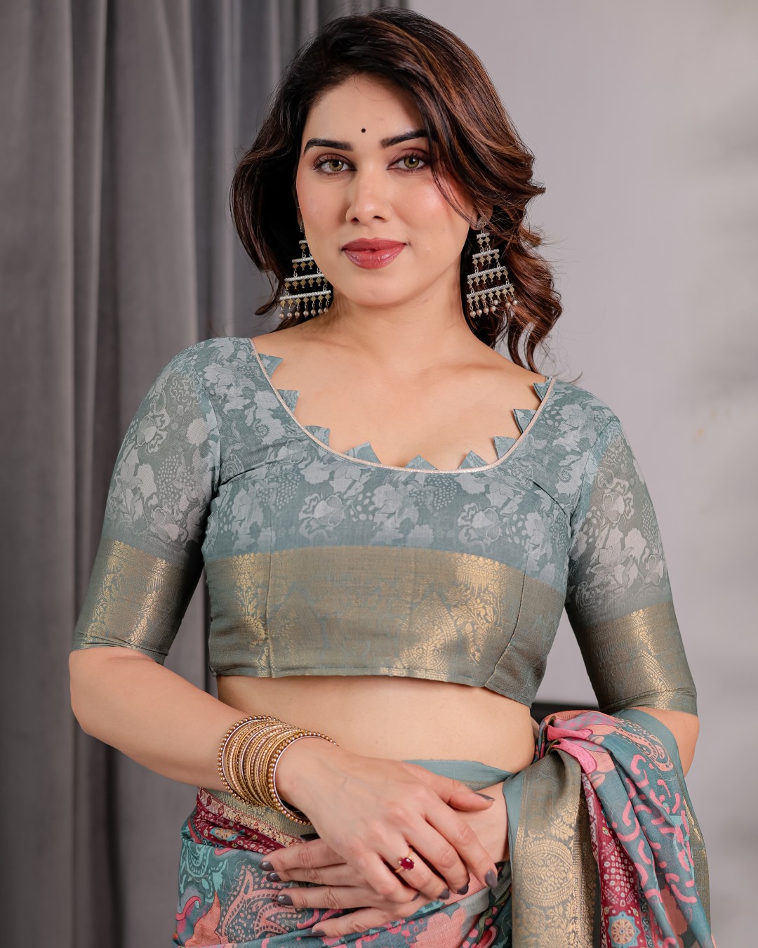 Handloom Linen Saree with Multicolor Mythical Elephant & Floral Printed Pallu | Zari Border | 5.5m Saree + 0.8m Blouse | Festive Tassel Finish(Pack of 1)