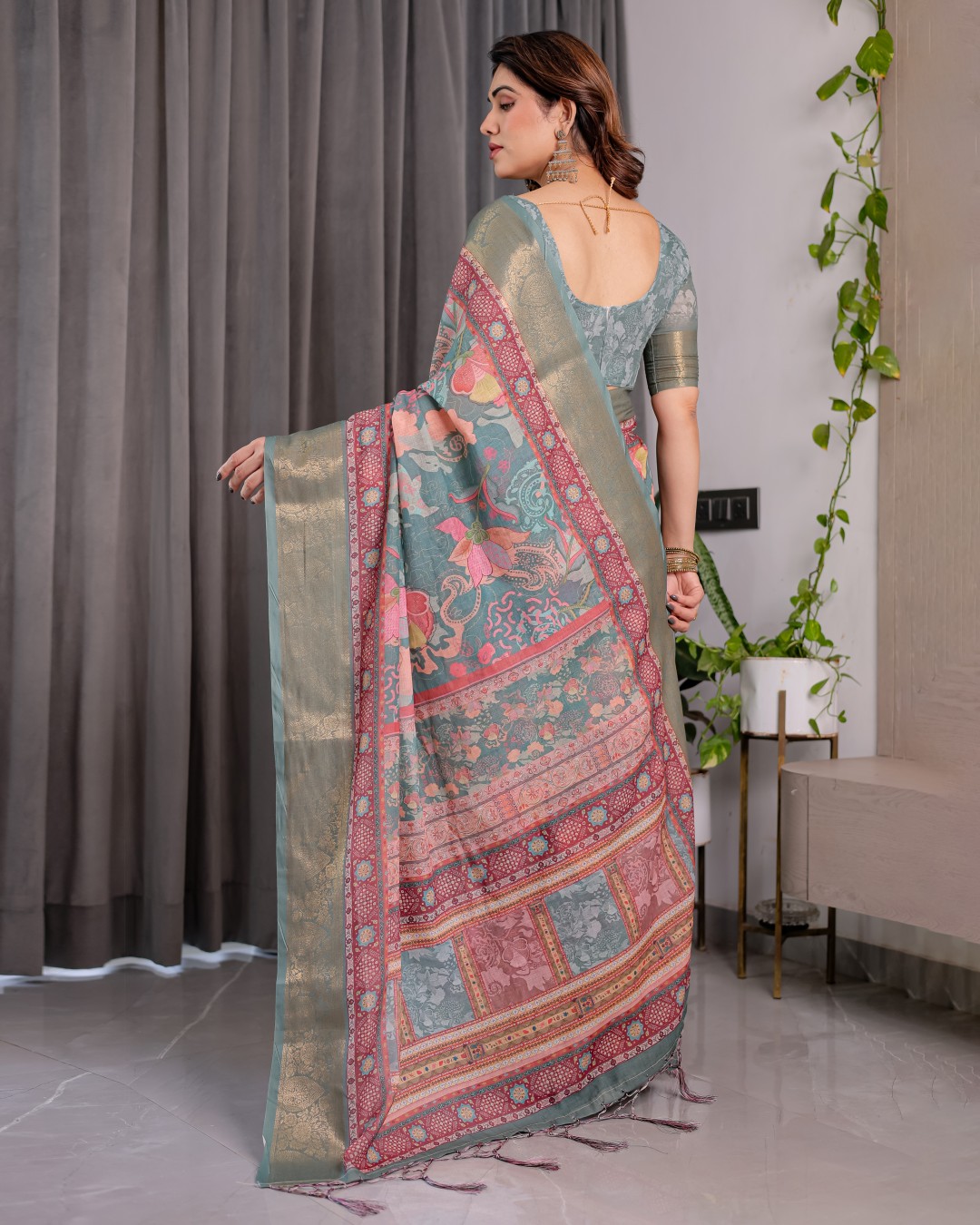 Handloom Linen Saree with Multicolor Mythical Elephant & Floral Printed Pallu | Zari Border | 5.5m Saree + 0.8m Blouse | Festive Tassel Finish(Pack of 1)
