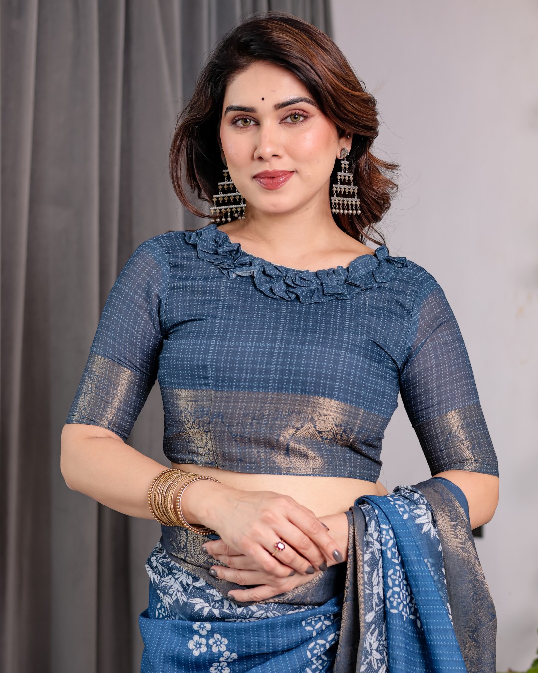 Handloom Linen Saree with Multicolor Mythical Elephant & Floral Printed Pallu | Zari Border | 5.5m Saree + 0.8m Blouse | Festive Tassel Finish(Pack of 1)