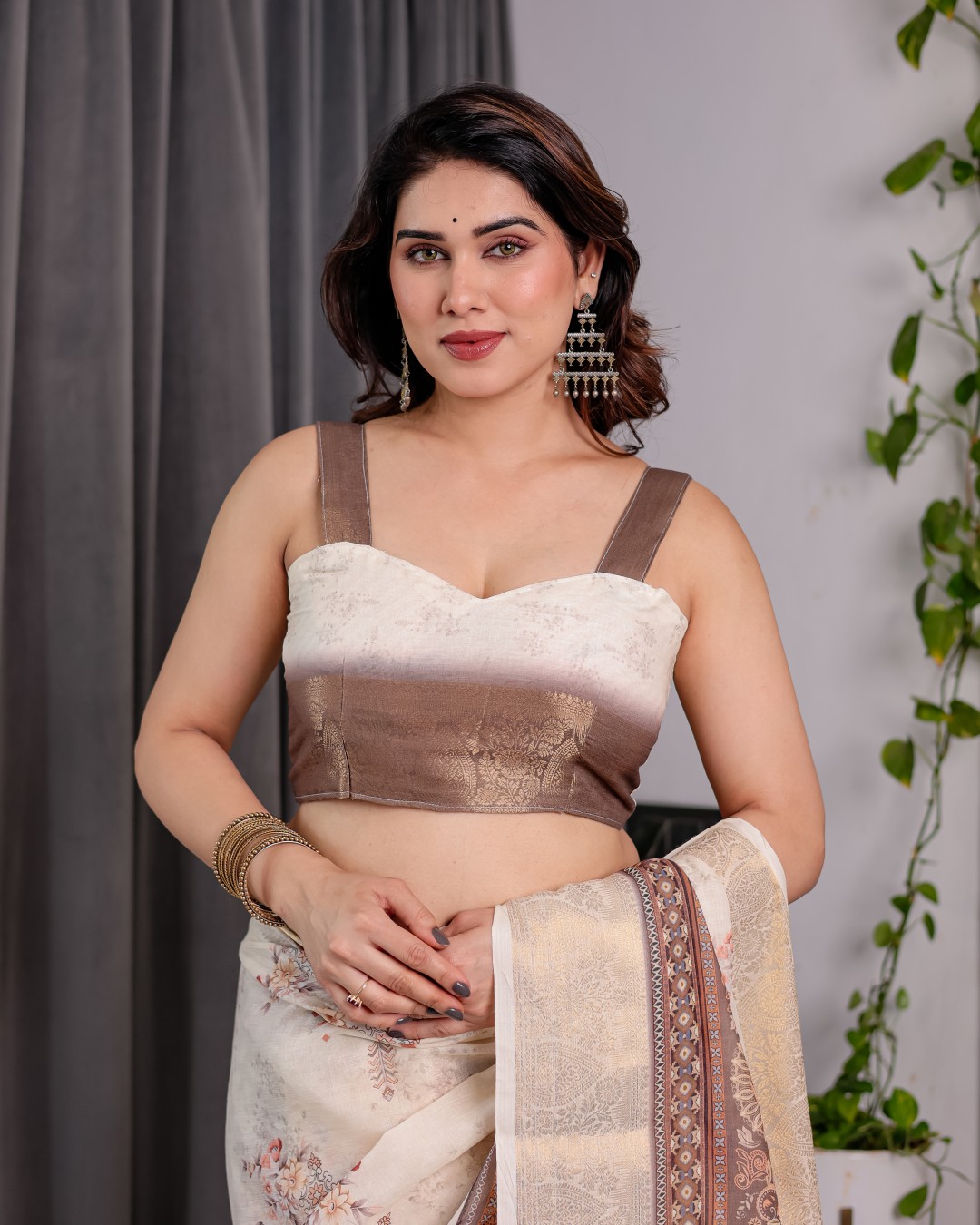 Handloom Linen Saree with Multicolor Mythical Elephant & Floral Printed Pallu | Zari Border | 5.5m Saree + 0.8m Blouse | Festive Tassel Finish(Pack of 1)