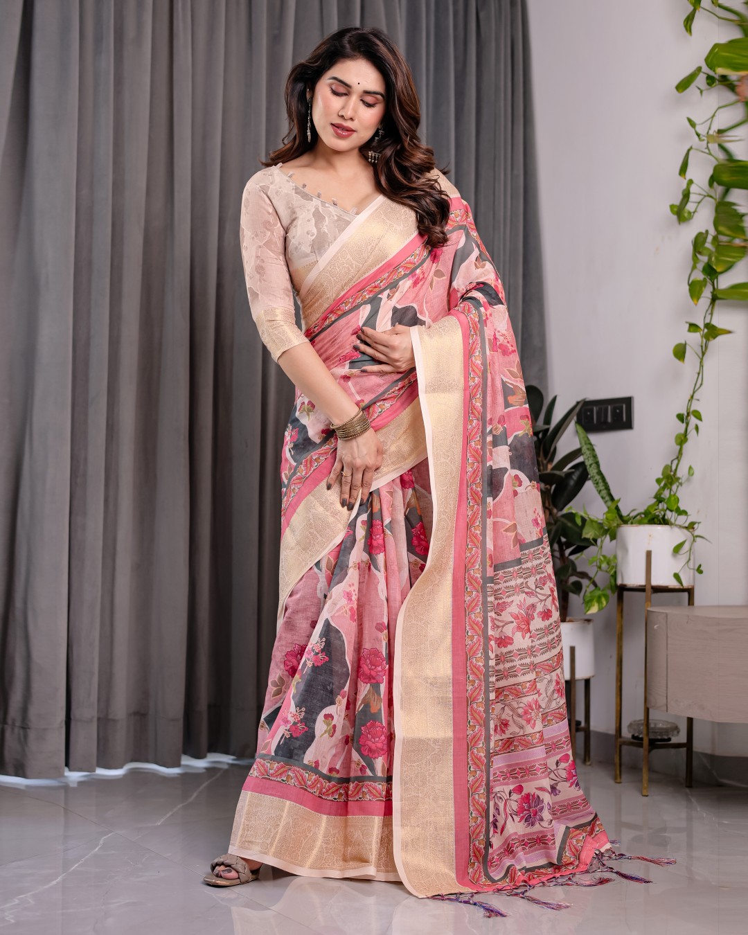 Handloom Linen Saree with Multicolor Mythical Elephant & Floral Printed Pallu | Zari Border | 5.5m Saree + 0.8m Blouse | Festive Tassel Finish(Pack of 1)