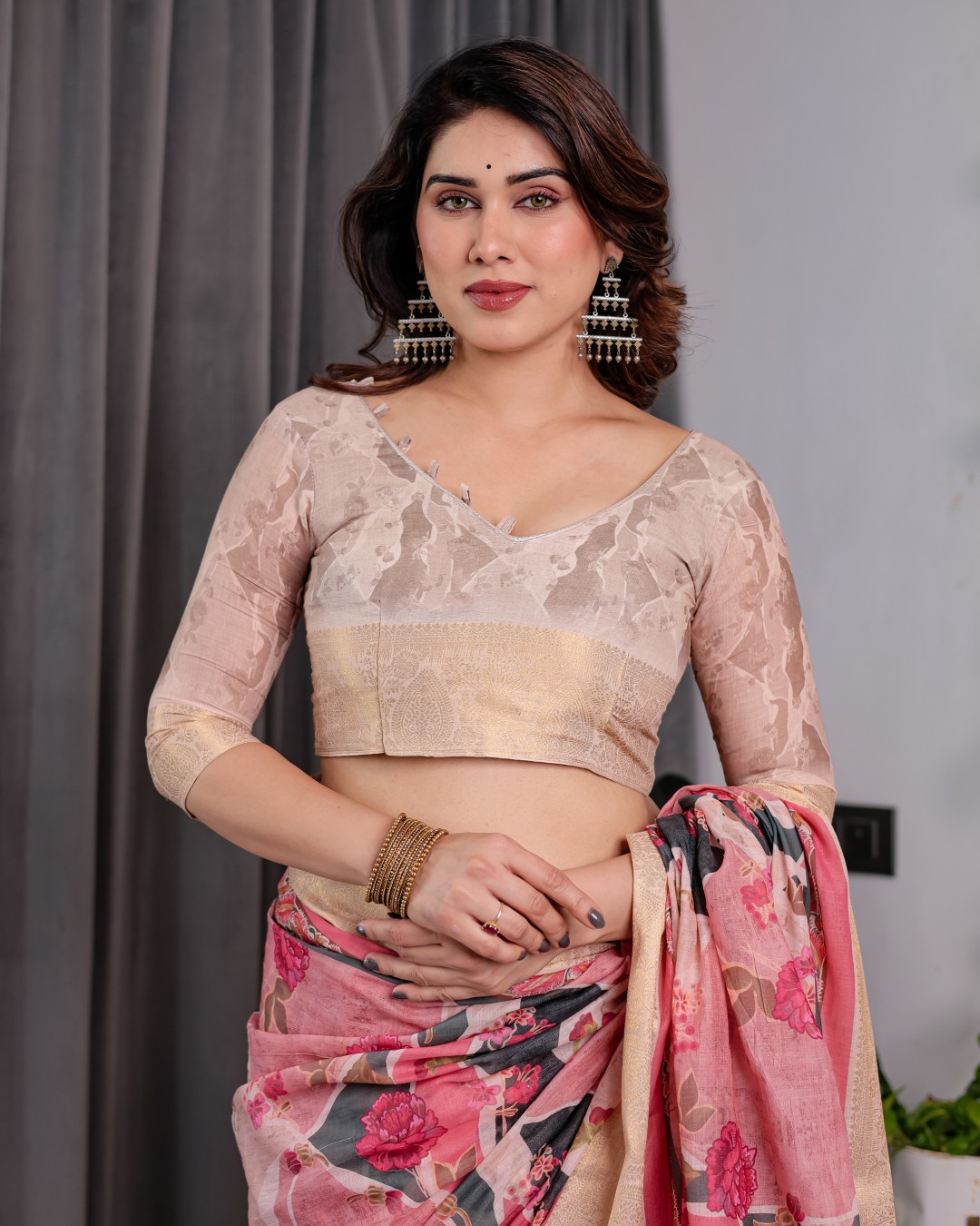 Handloom Linen Saree with Multicolor Mythical Elephant & Floral Printed Pallu | Zari Border | 5.5m Saree + 0.8m Blouse | Festive Tassel Finish(Pack of 1)