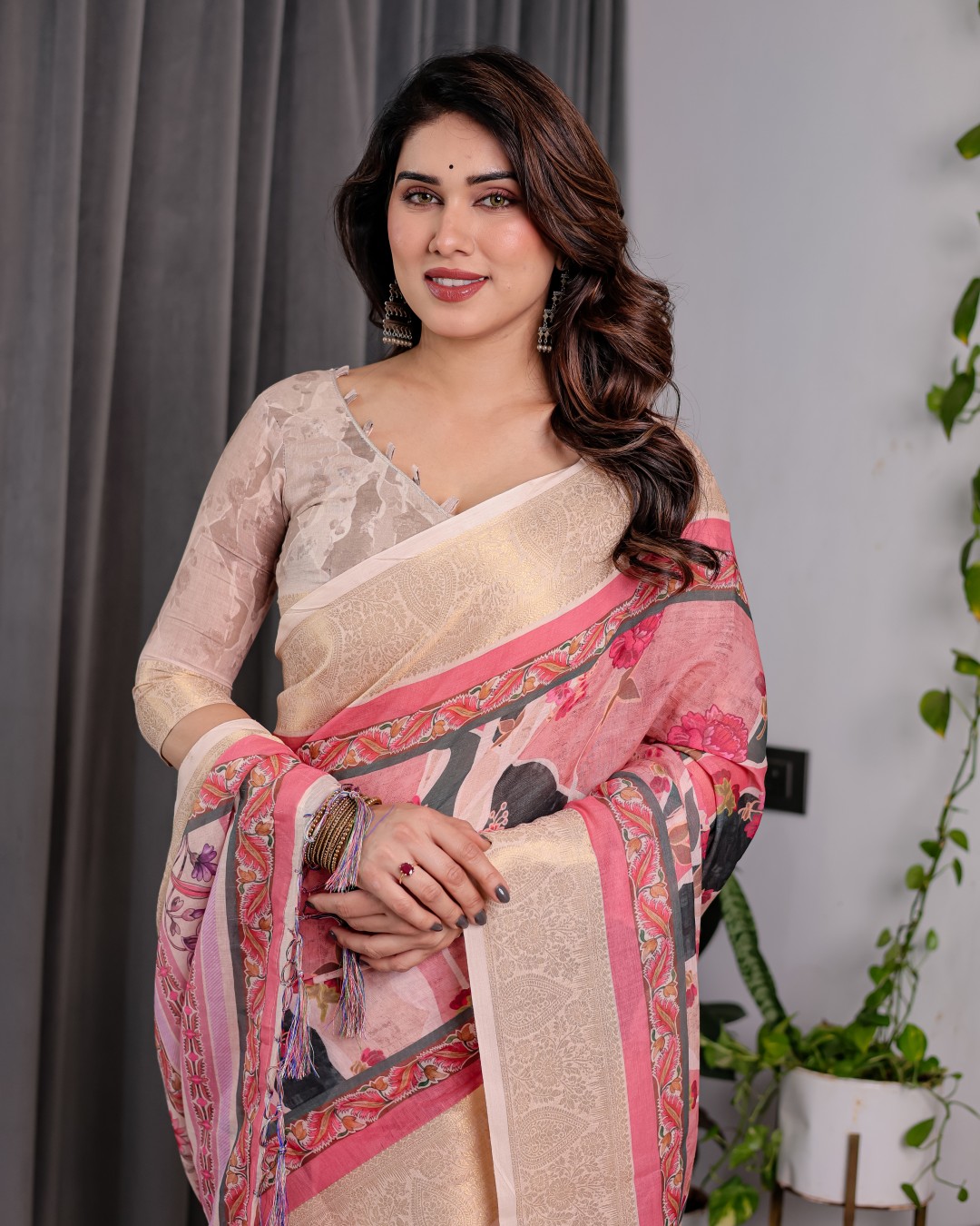 Handloom Linen Saree with Multicolor Mythical Elephant & Floral Printed Pallu | Zari Border | 5.5m Saree + 0.8m Blouse | Festive Tassel Finish(Pack of 1)