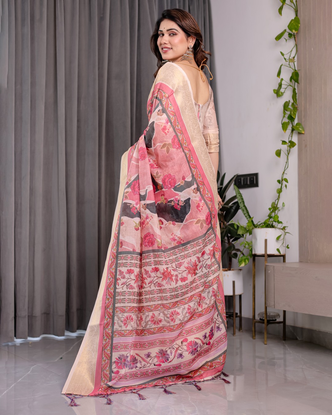 Handloom Linen Saree with Multicolor Mythical Elephant & Floral Printed Pallu | Zari Border | 5.5m Saree + 0.8m Blouse | Festive Tassel Finish(Pack of 1)