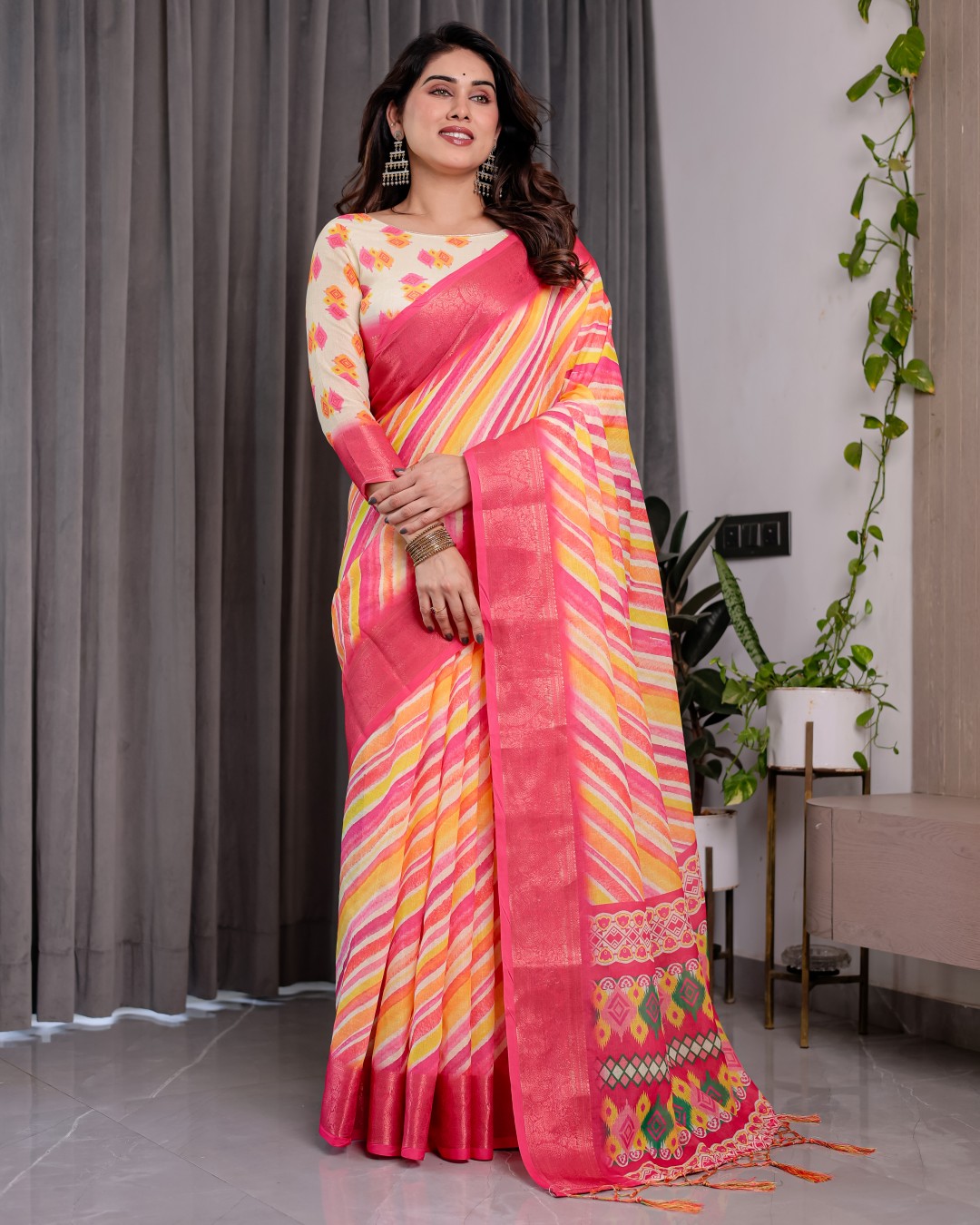 Elegant Cream & Gold Woven Ikat Silk Saree with Designer Border With Tassles(Pack of 1)