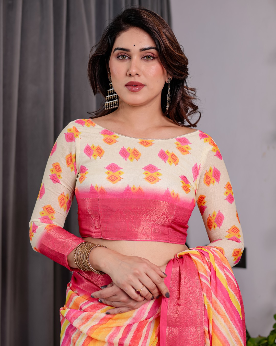 Elegant Cream & Gold Woven Ikat Silk Saree with Designer Border With Tassles(Pack of 1)