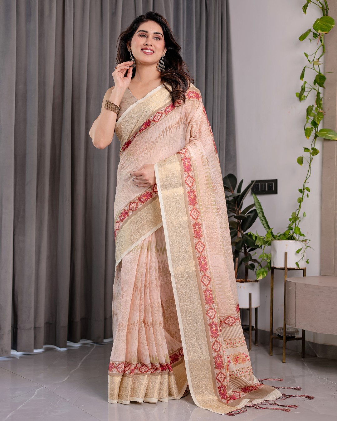 Elegant Cream & Gold Woven Ikat Silk Saree with Designer Border With Tassles(Pack of 1)