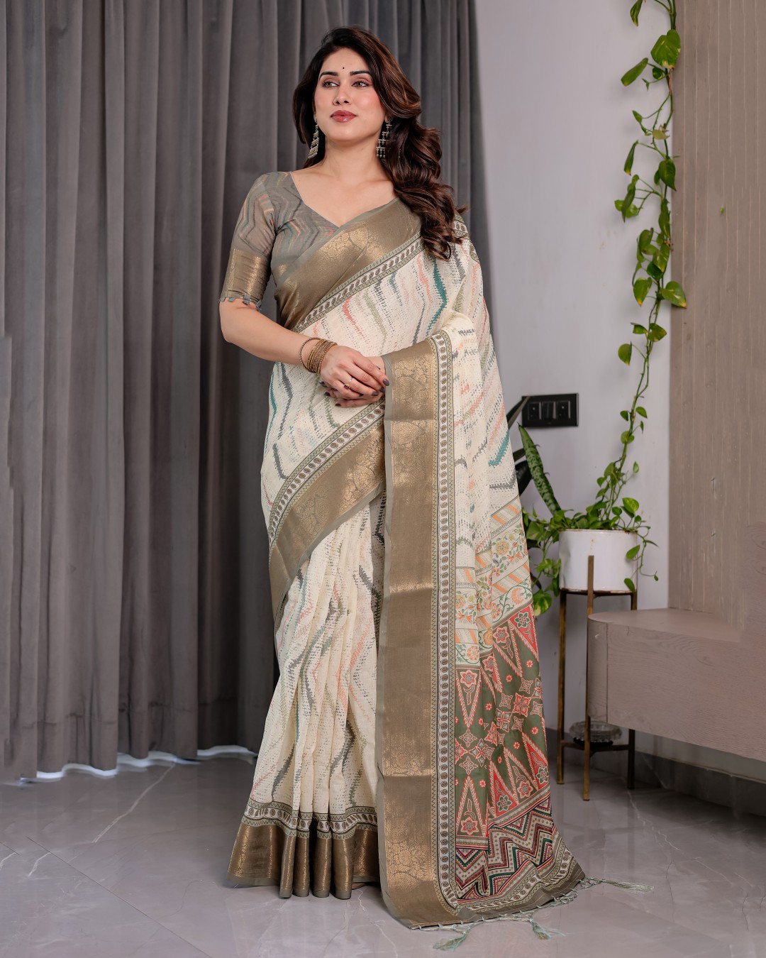 Elegant Cream & Gold Woven Ikat Silk Saree with Designer Border With Tassles(Pack of 1)