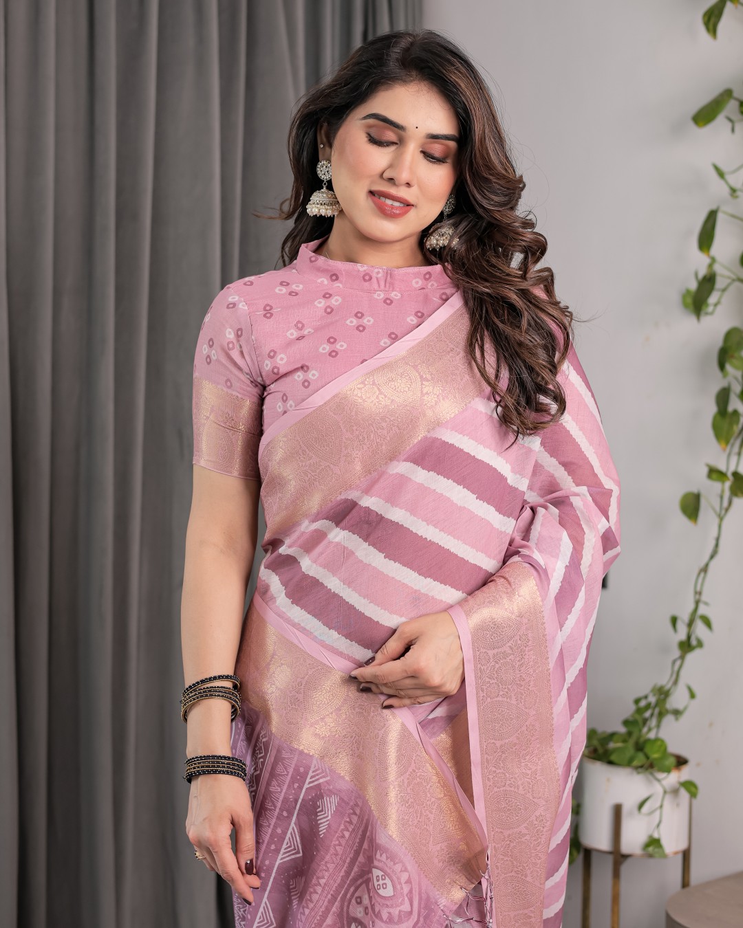 Handloom Linen Saree with White Floral Dots & Zari Border | 5.5m Saree + 0.8m Attached Blouse with Tassels(Pack of 1)