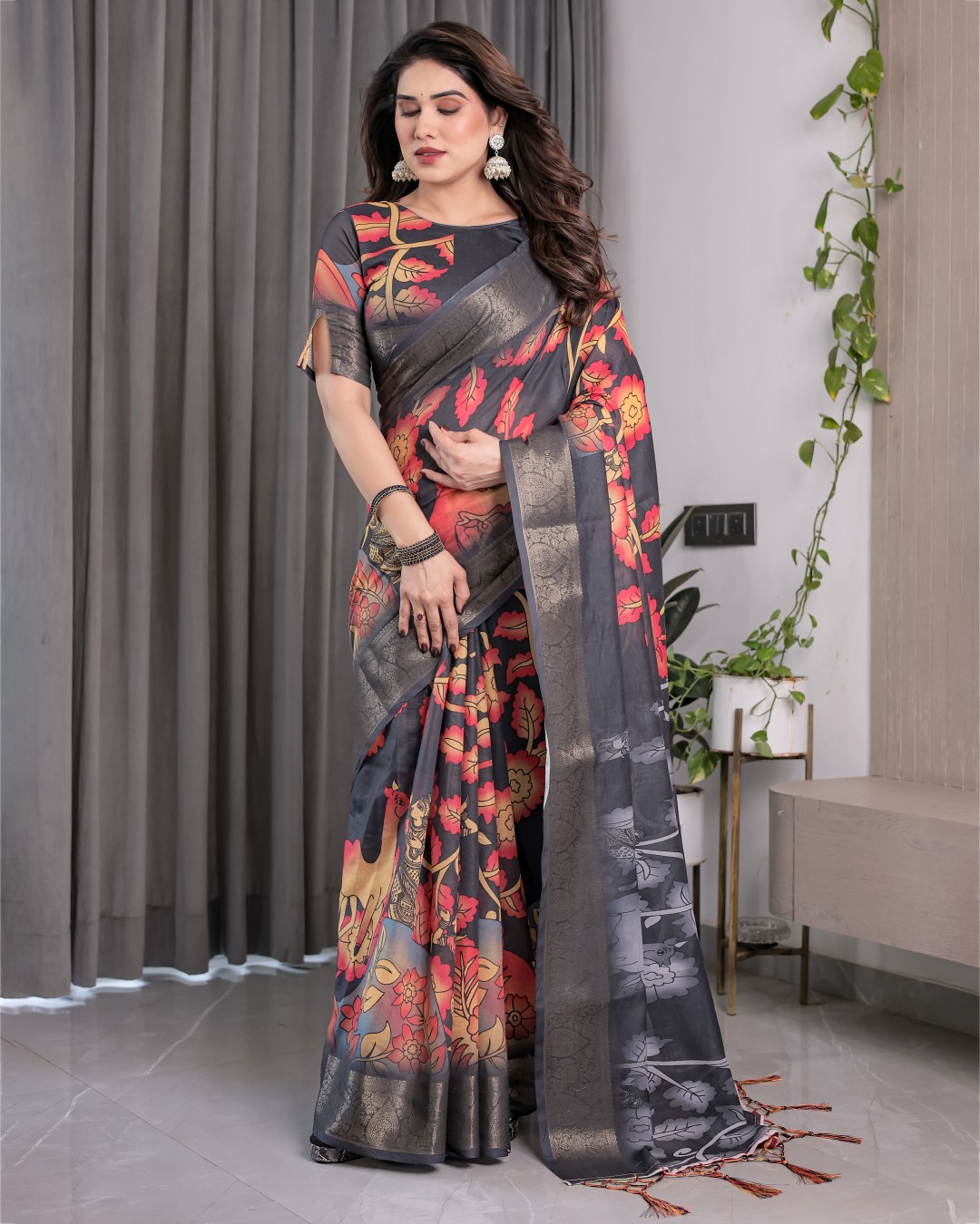 Handloom Cotton Linen Saree with Black Floral Buti Print & Zari Border | Ethnic Striped Blouse | 5.5m Saree + 0.8m Blouse Piece(Pack of 1)