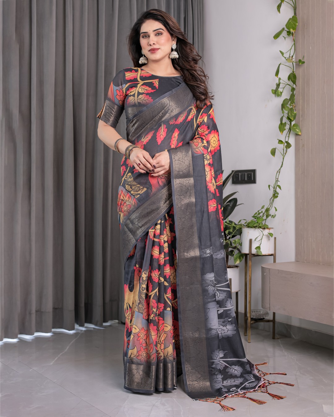 Handloom Cotton Linen Saree with Black Floral Buti Print & Zari Border | Ethnic Striped Blouse | 5.5m Saree + 0.8m Blouse Piece(Pack of 1)