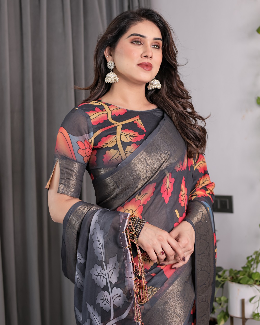 Handloom Cotton Linen Saree with Black Floral Buti Print & Zari Border | Ethnic Striped Blouse | 5.5m Saree + 0.8m Blouse Piece(Pack of 1)