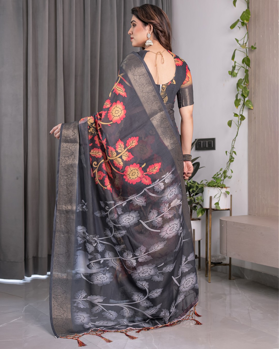 Handloom Cotton Linen Saree with Black Floral Buti Print & Zari Border | Ethnic Striped Blouse | 5.5m Saree + 0.8m Blouse Piece(Pack of 1)