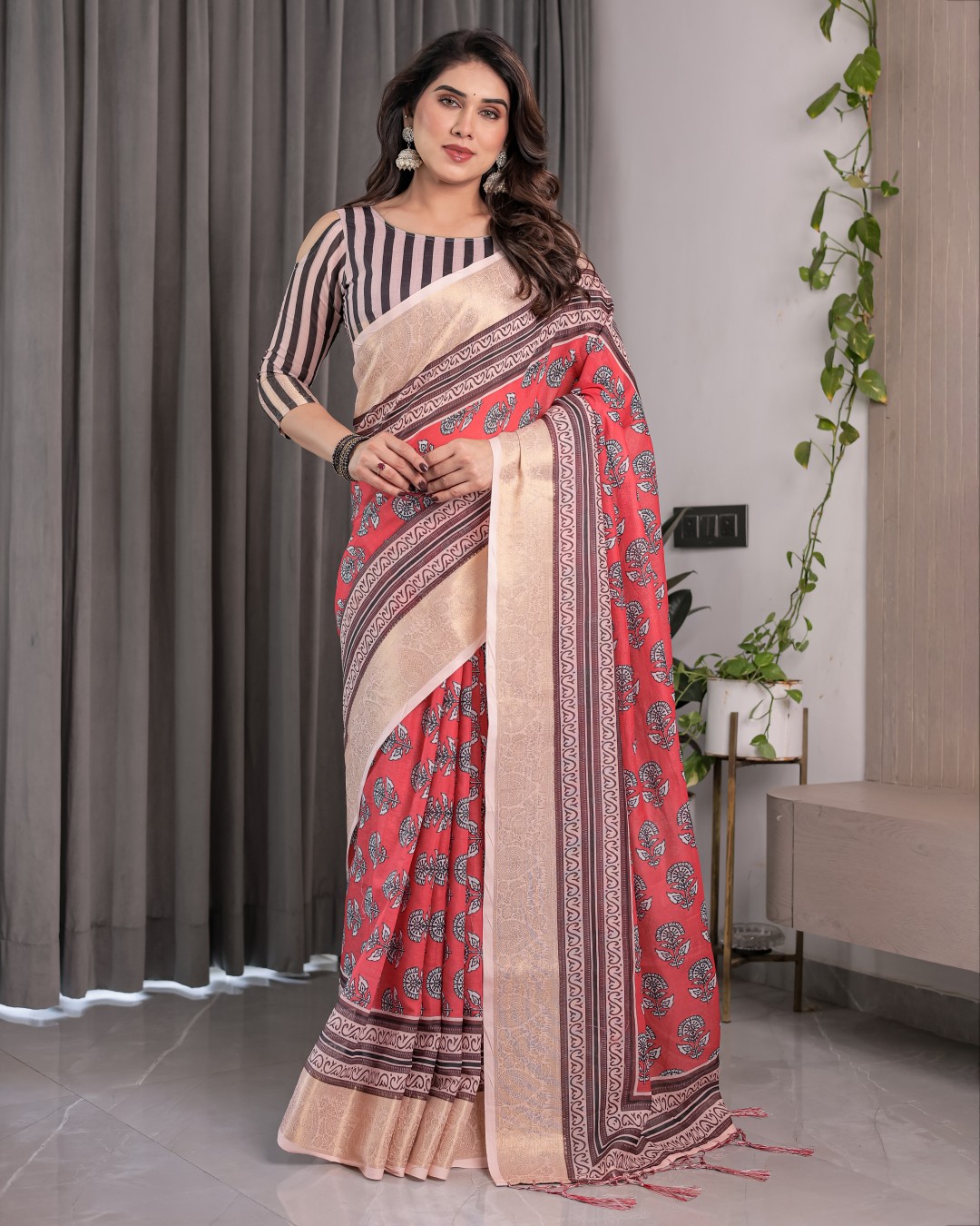 Handloom Cotton Linen Saree with Black Floral Buti Print & Zari Border | Ethnic Striped Blouse | 5.5m Saree + 0.8m Blouse Piece(Pack of 1)