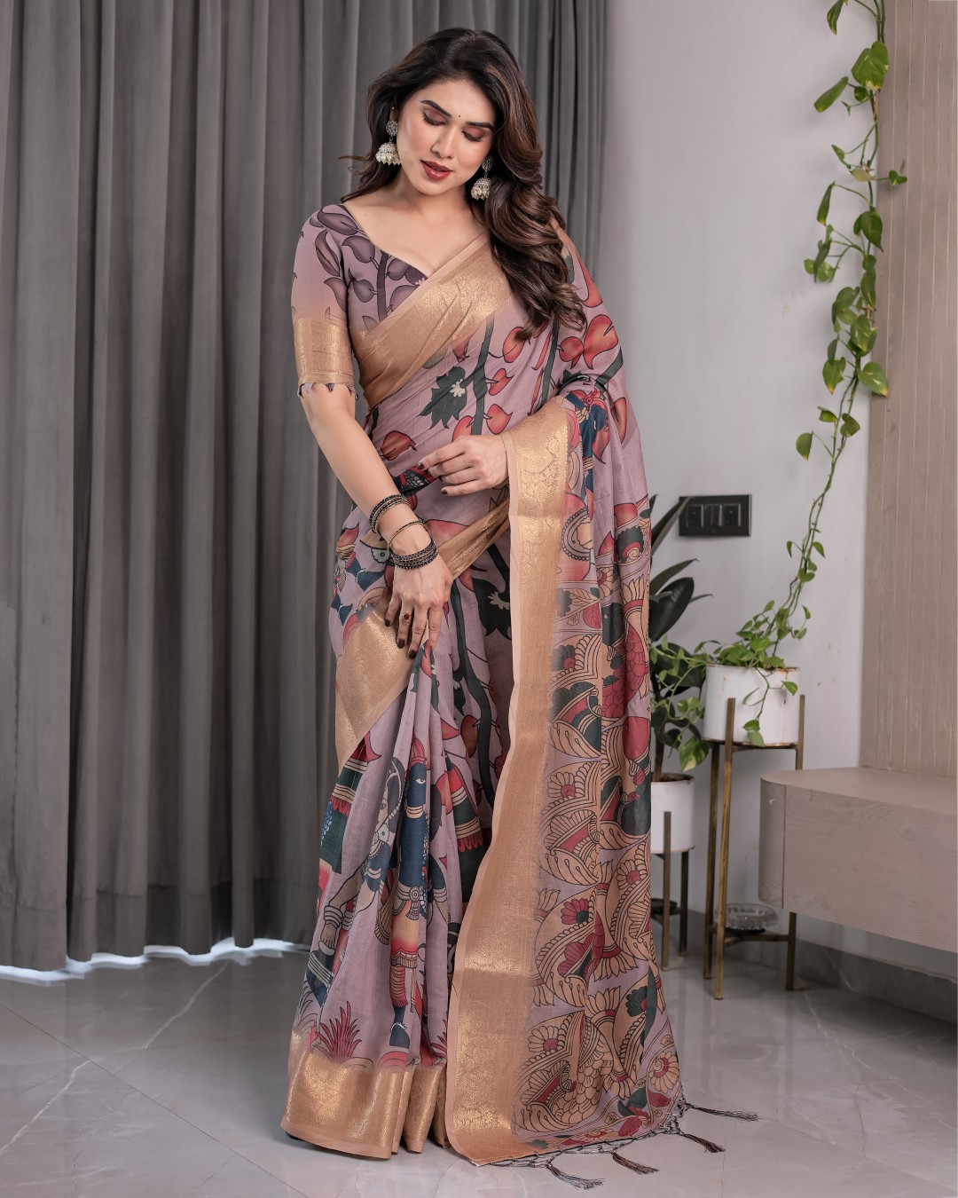 Handloom Cotton Linen Saree with Black Floral Buti Print & Zari Border | Ethnic Striped Blouse | 5.5m Saree + 0.8m Blouse Piece(Pack of 1)