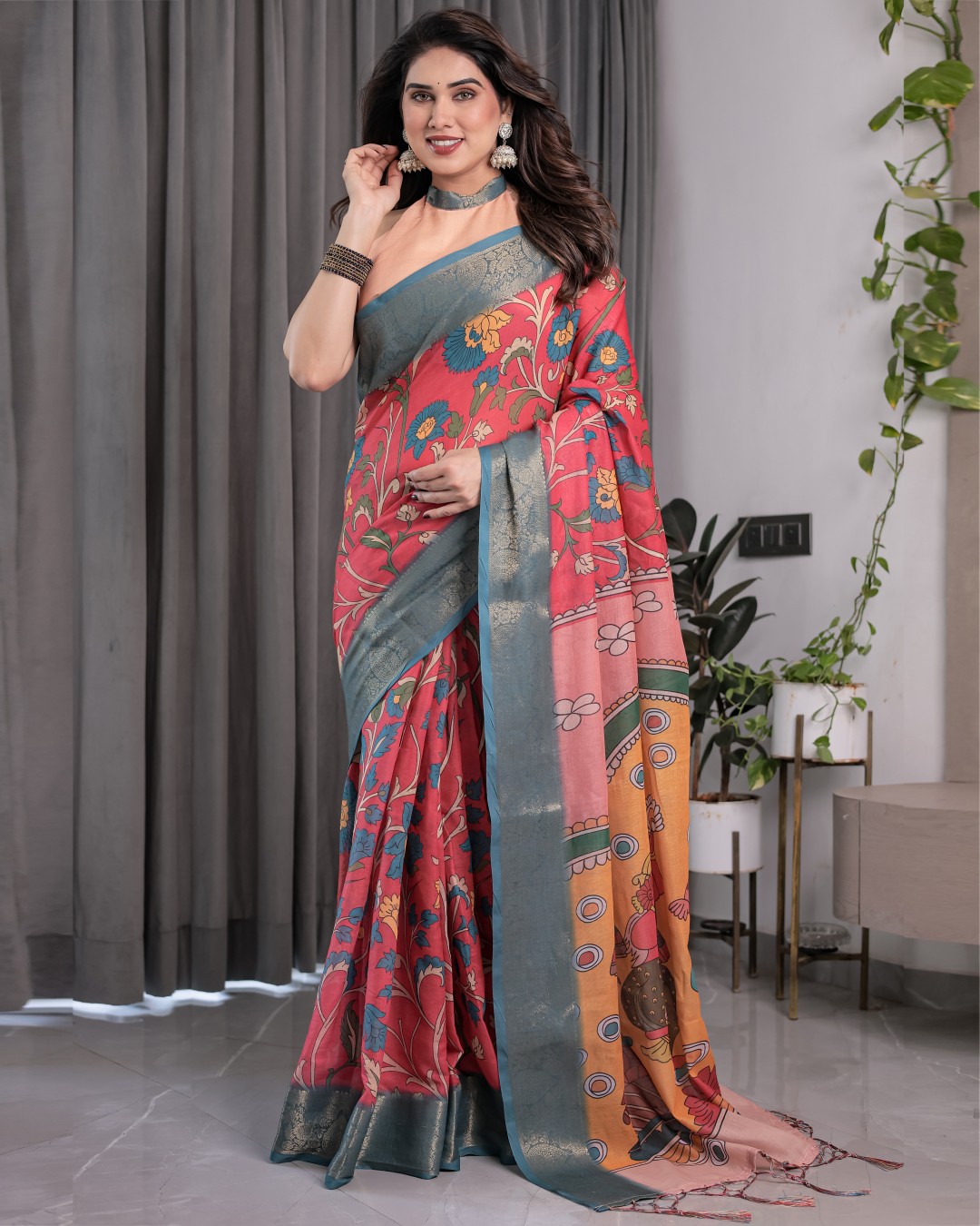 Handloom Cotton Linen Saree with Black Floral Buti Print & Zari Border | Ethnic Striped Blouse | 5.5m Saree + 0.8m Blouse Piece(Pack of 1)