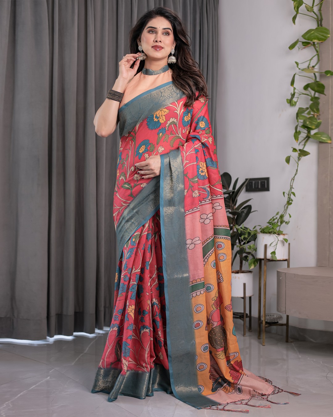 Handloom Cotton Linen Saree with Black Floral Buti Print & Zari Border | Ethnic Striped Blouse | 5.5m Saree + 0.8m Blouse Piece(Pack of 1)