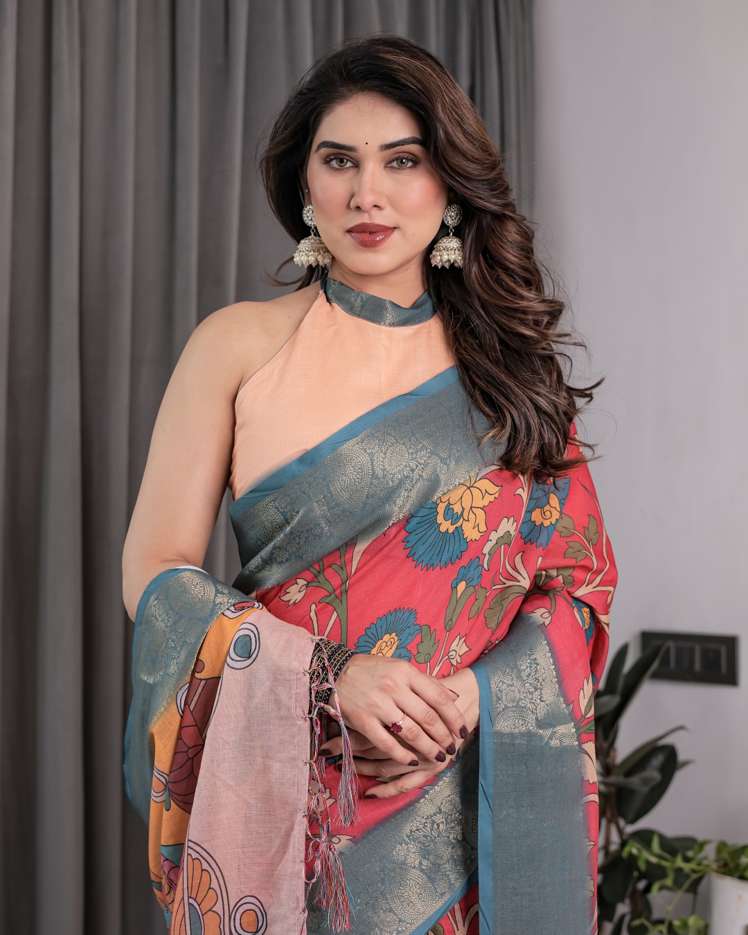 Handloom Cotton Linen Saree with Black Floral Buti Print & Zari Border | Ethnic Striped Blouse | 5.5m Saree + 0.8m Blouse Piece(Pack of 1)