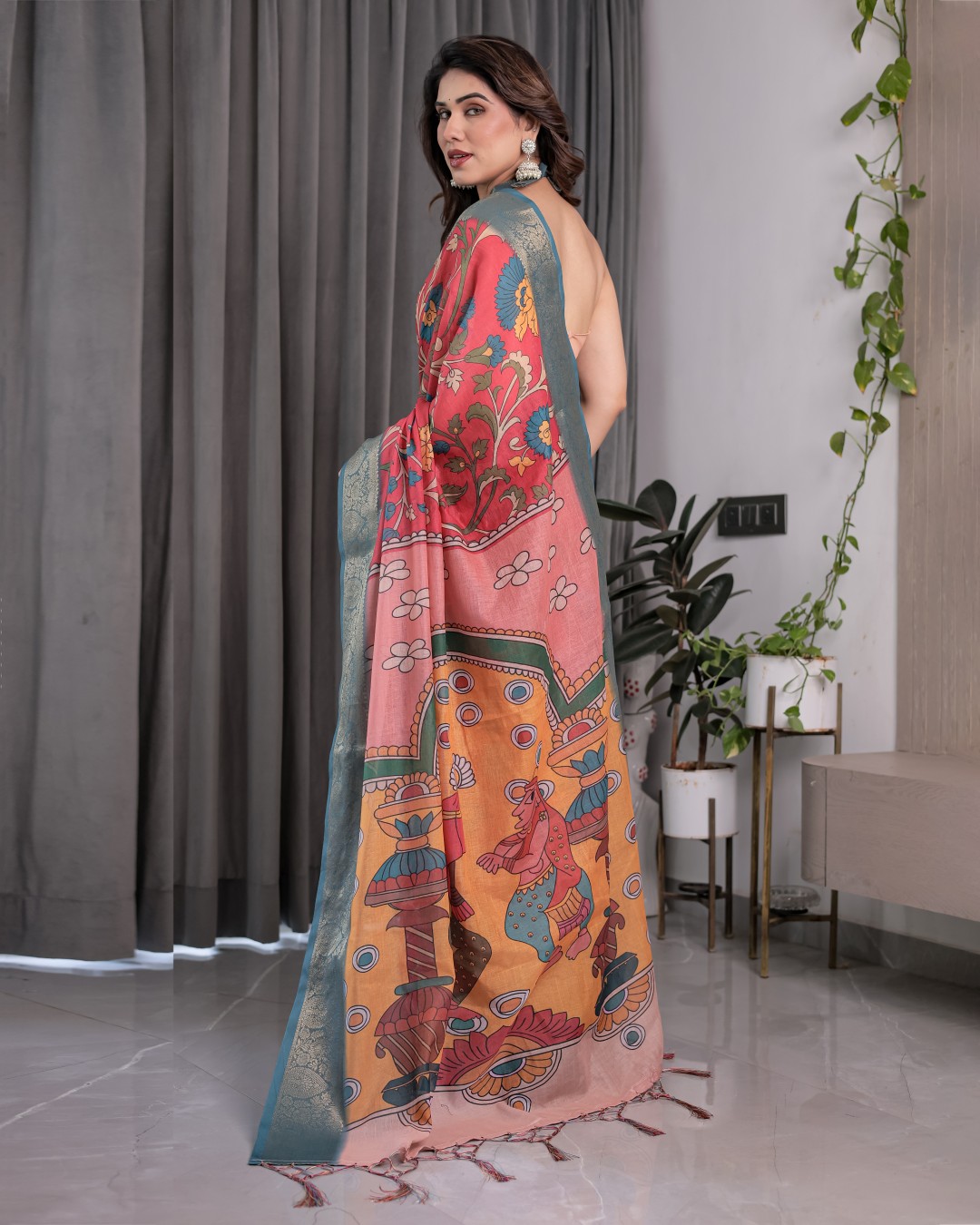 Handloom Cotton Linen Saree with Black Floral Buti Print & Zari Border | Ethnic Striped Blouse | 5.5m Saree + 0.8m Blouse Piece(Pack of 1)