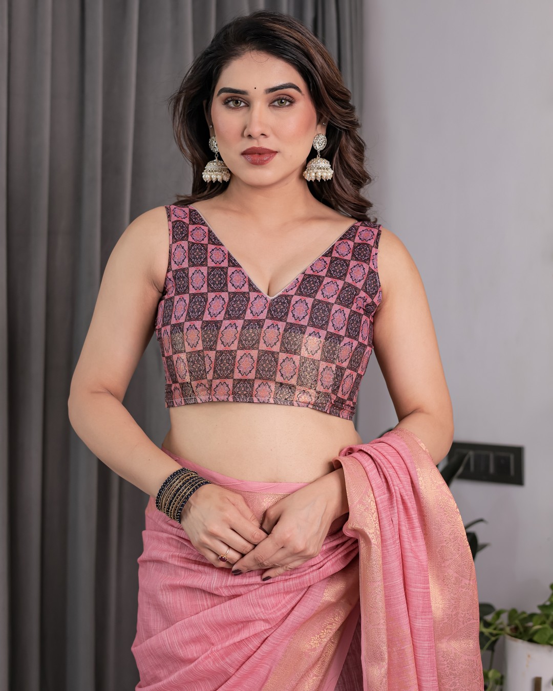 Handloom Cotton Linen Saree with Black Floral Buti Print & Zari Border | Ethnic Striped Blouse | 5.5m Saree + 0.8m Blouse Piece(Pack of 1)