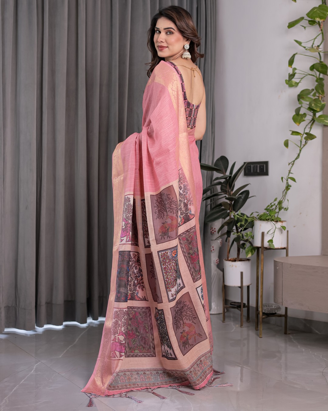 Handloom Cotton Linen Saree with Black Floral Buti Print & Zari Border | Ethnic Striped Blouse | 5.5m Saree + 0.8m Blouse Piece(Pack of 1)