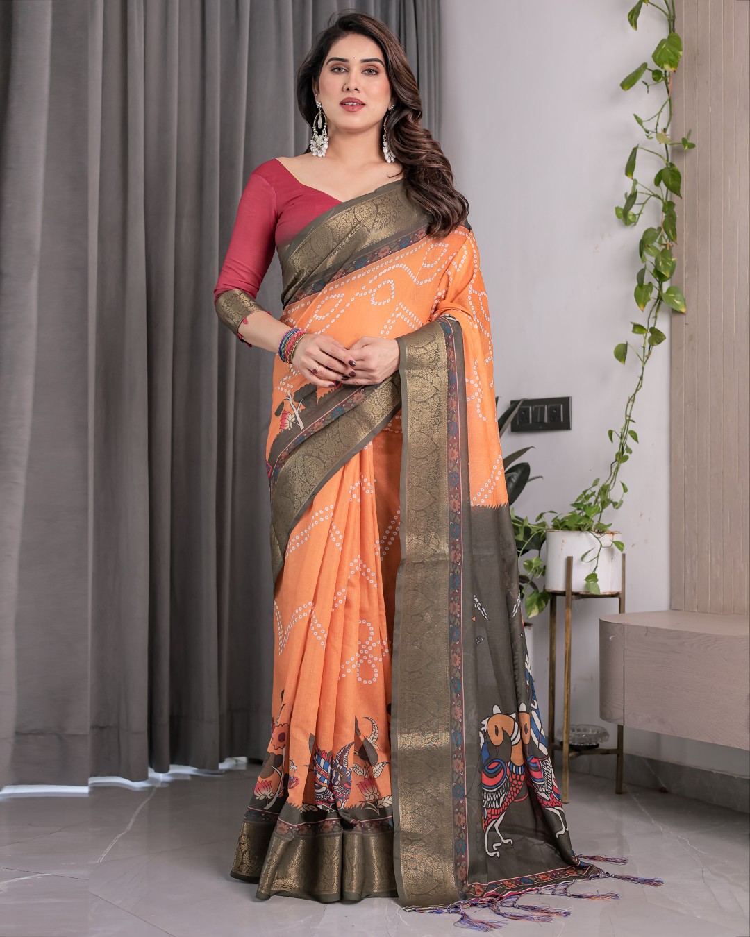 Digital Printed Saree with Maroon Floral & Tribal Border Motifs | Antique Zari Highlights | 5.5m Saree + 0.8m Blouse Piece(Pack of 1)