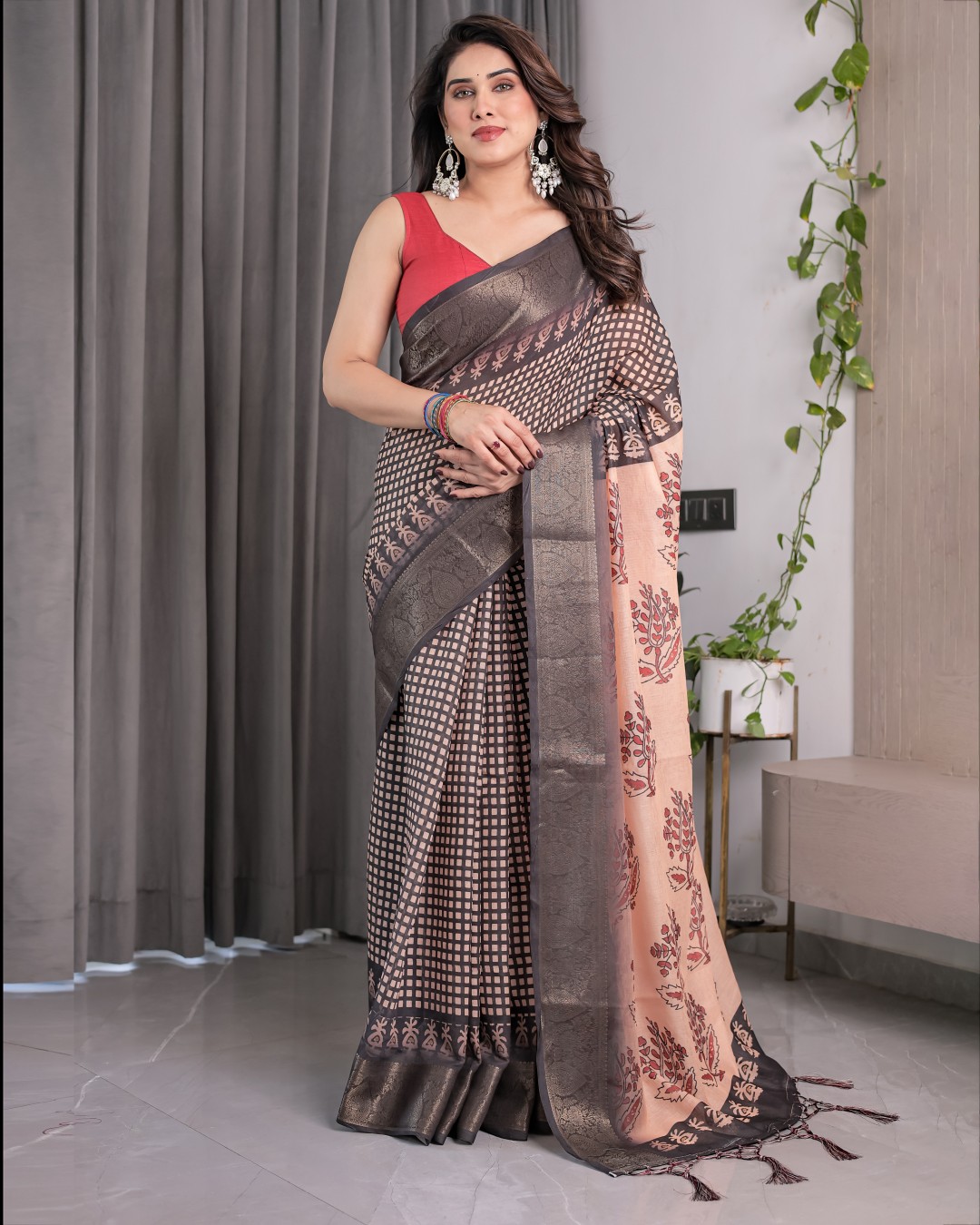 Digital Printed Saree with Maroon Floral & Tribal Border Motifs | Antique Zari Highlights | 5.5m Saree + 0.8m Blouse Piece(Pack of 1)
