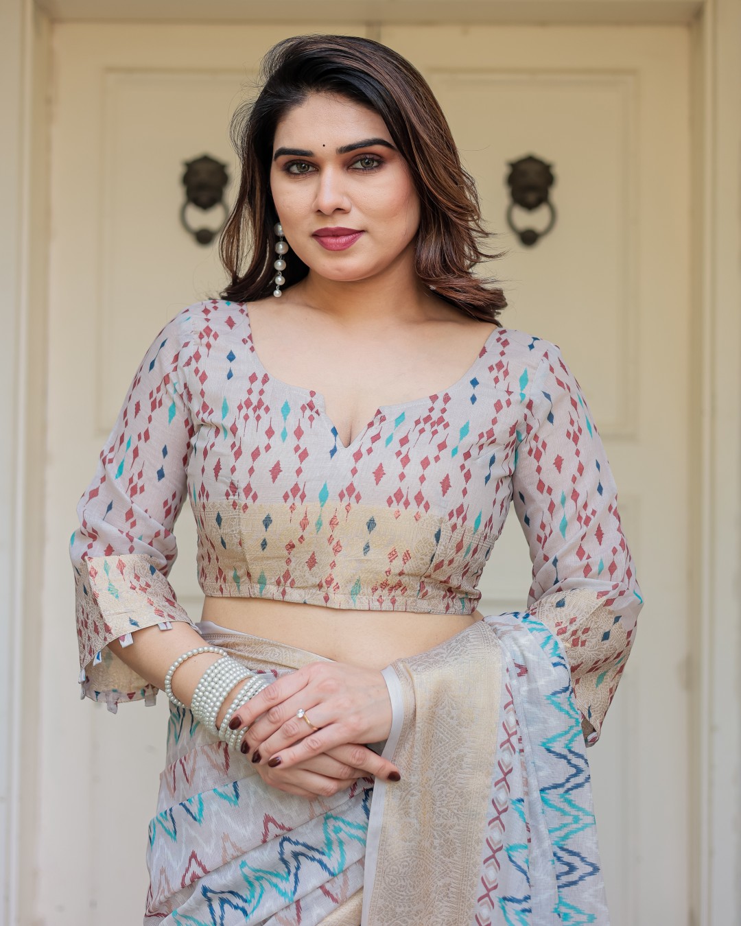 Geometric Printed Handloom Cotton Saree with Woven Zari Border & Ethnic Pallu(Pack of 1)