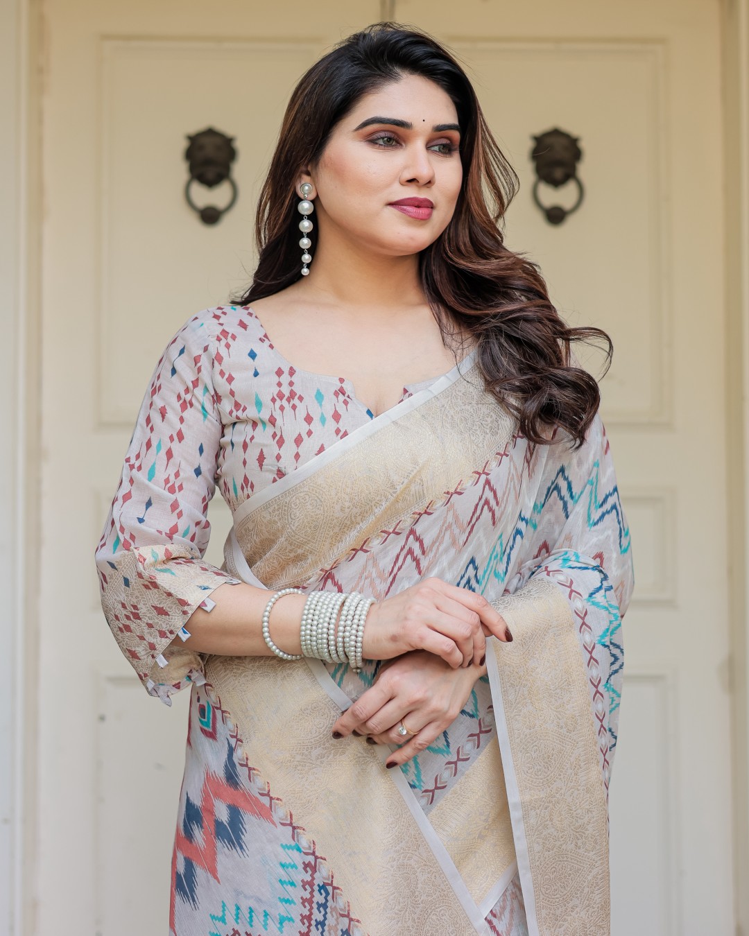 Geometric Printed Handloom Cotton Saree with Woven Zari Border & Ethnic Pallu(Pack of 1)