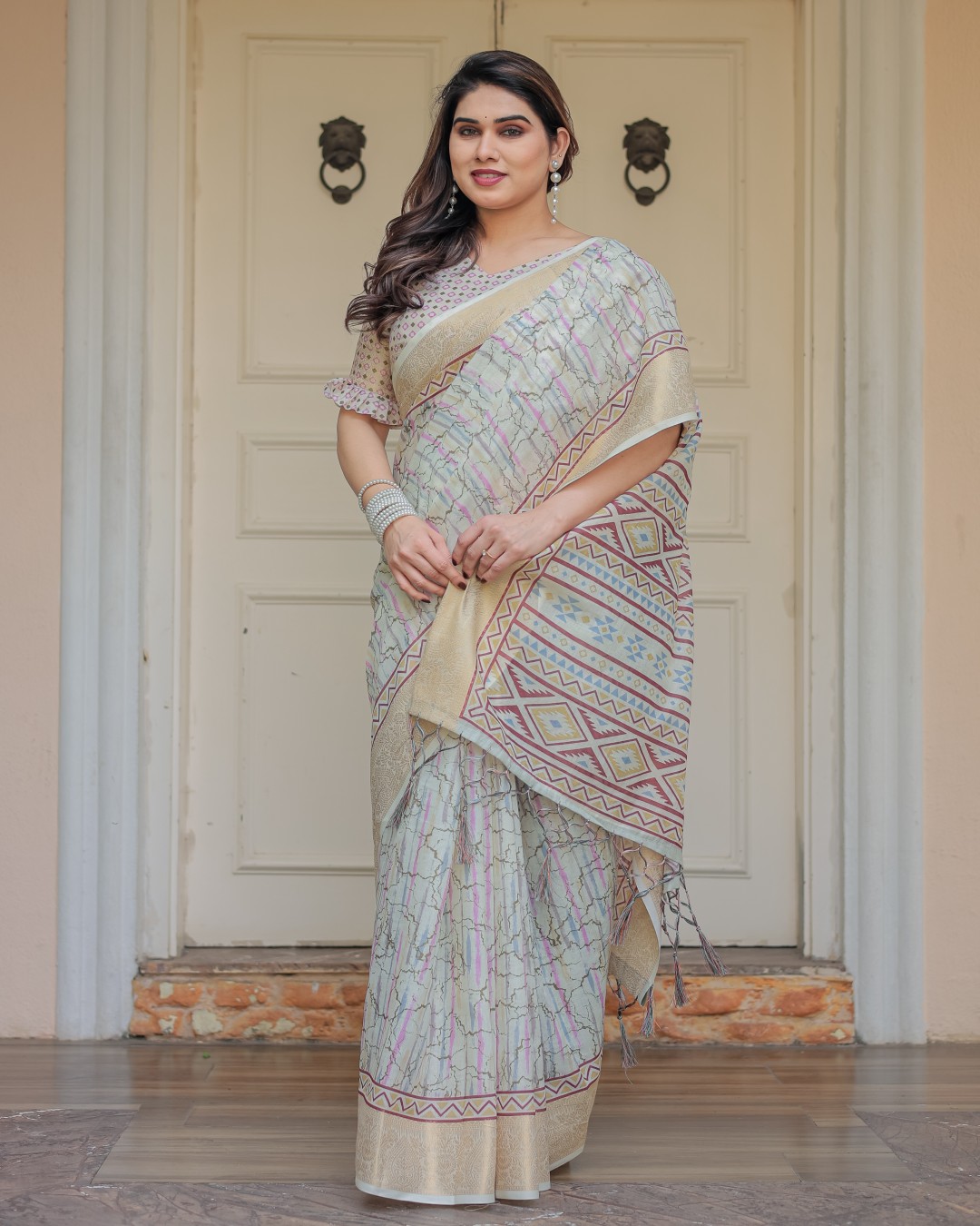 Geometric Printed Handloom Cotton Saree with Woven Zari Border & Ethnic Pallu(Pack of 1)