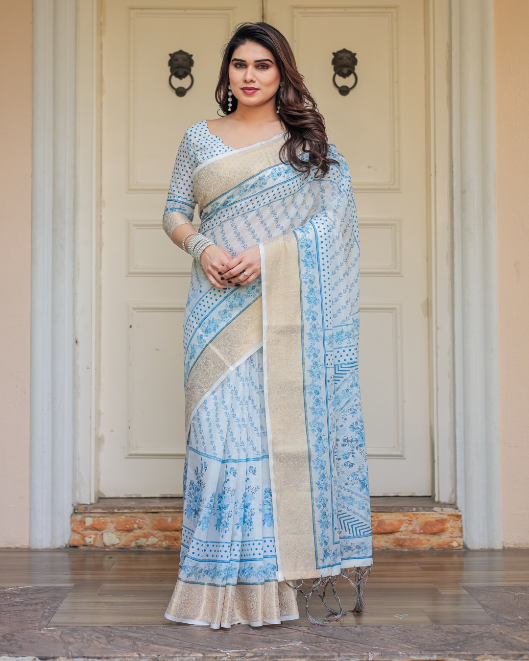 Geometric Printed Handloom Cotton Saree with Woven Zari Border & Ethnic Pallu(Pack of 1)