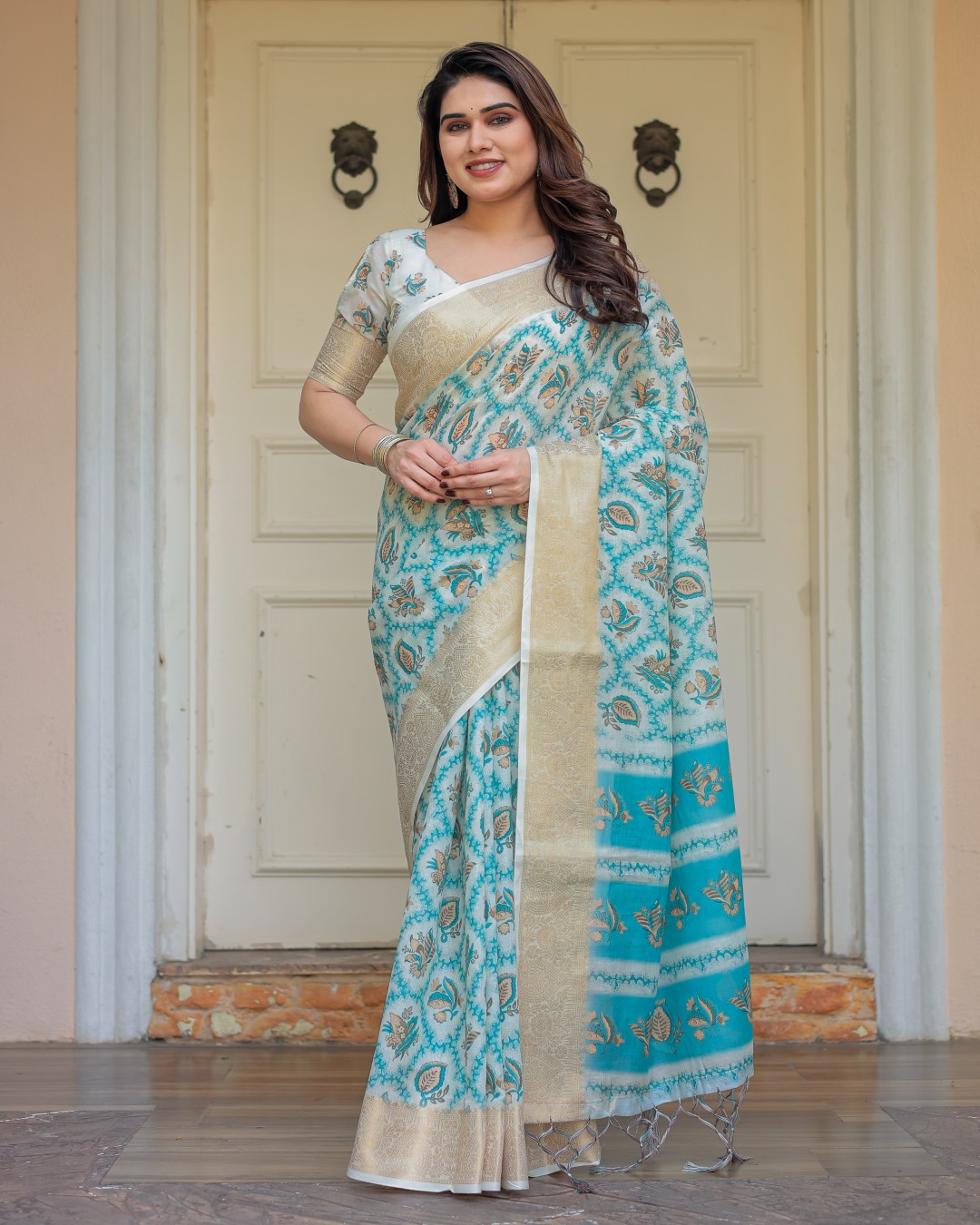 Geometric Printed Handloom Cotton Saree with Woven Zari Border & Ethnic Pallu(Pack of 1)