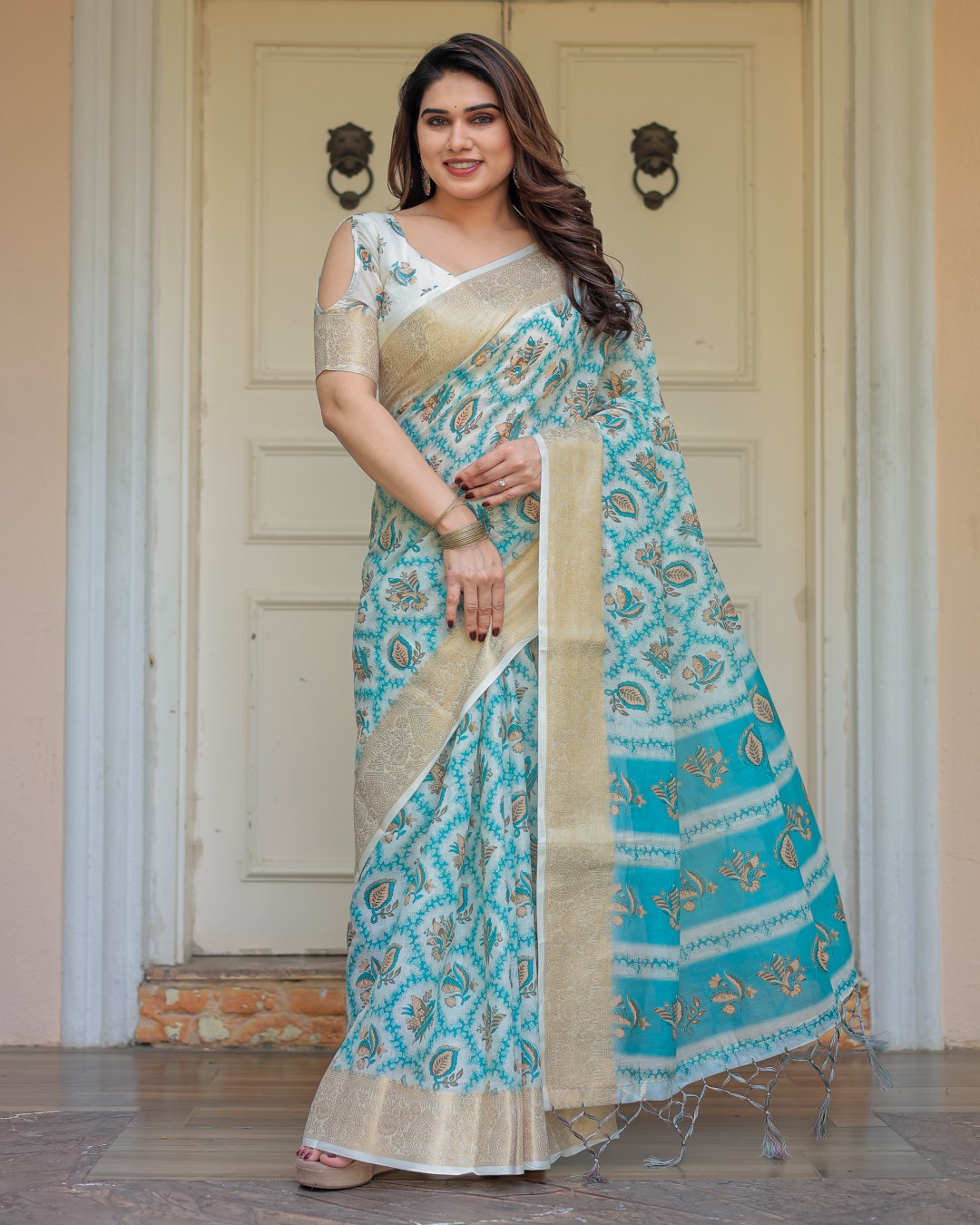 Geometric Printed Handloom Cotton Saree with Woven Zari Border & Ethnic Pallu(Pack of 1)