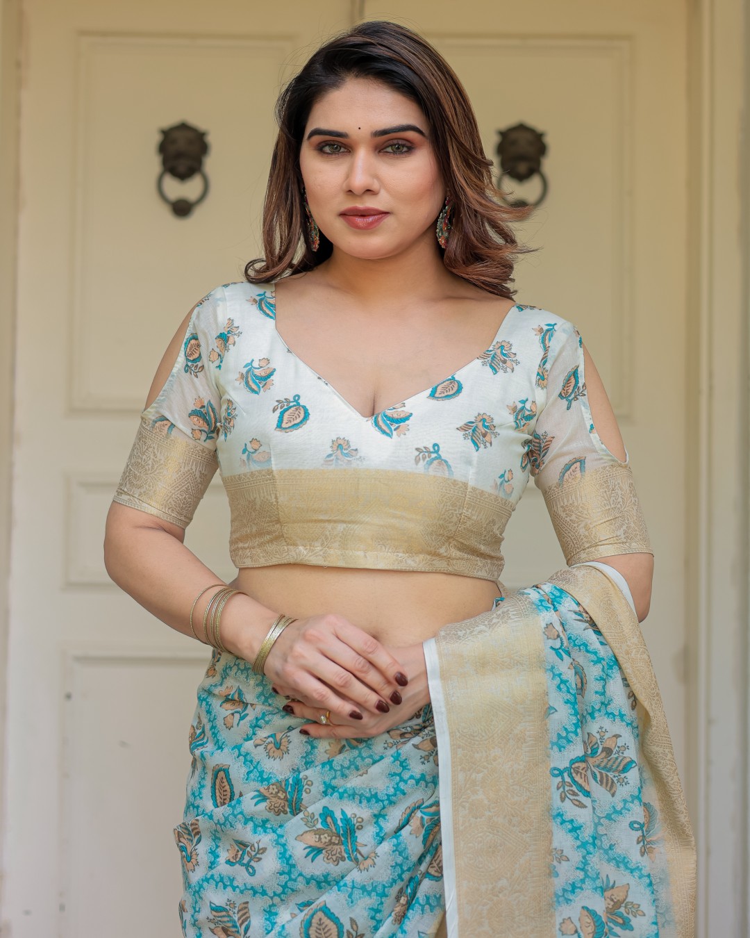 Geometric Printed Handloom Cotton Saree with Woven Zari Border & Ethnic Pallu(Pack of 1)