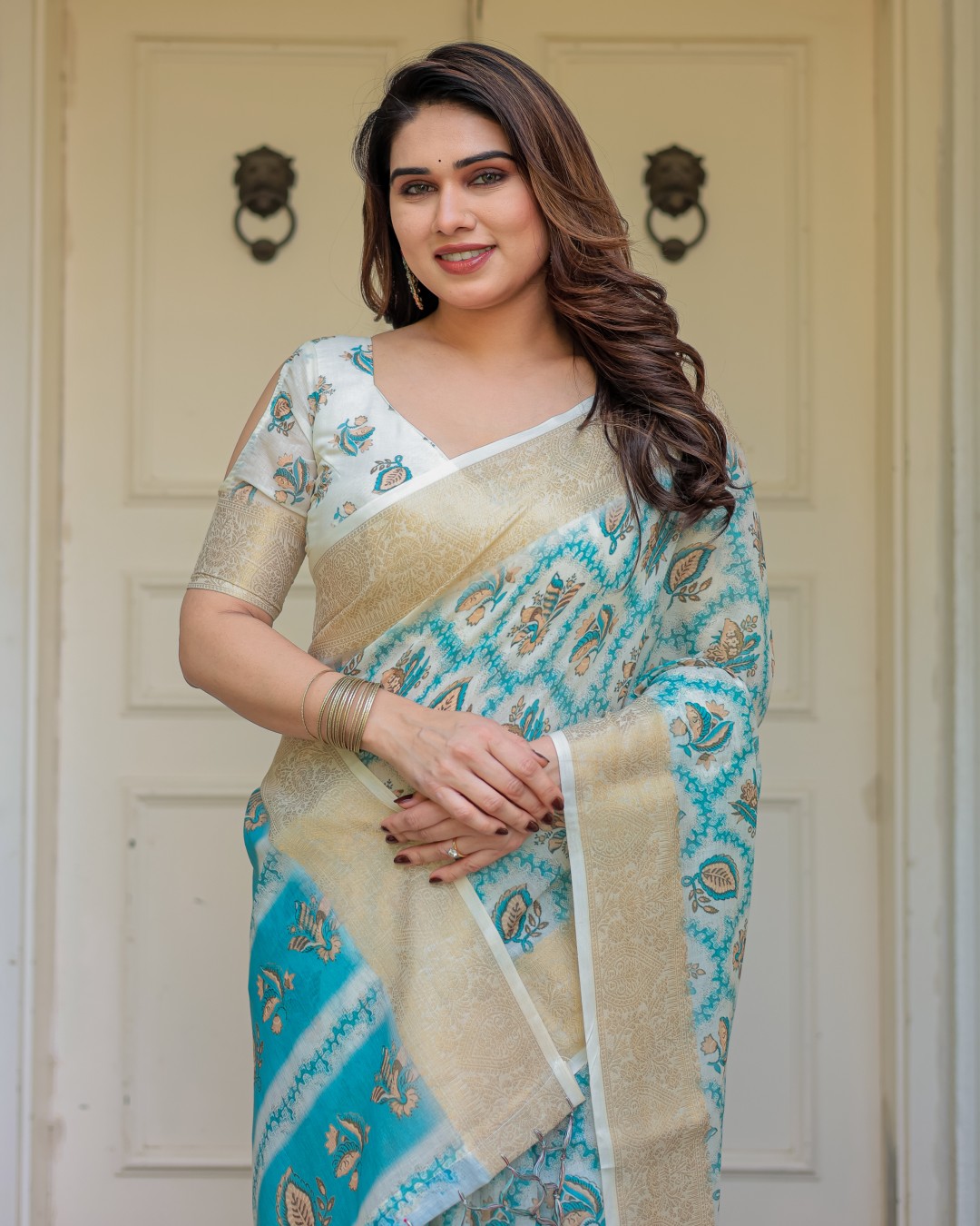Geometric Printed Handloom Cotton Saree with Woven Zari Border & Ethnic Pallu(Pack of 1)