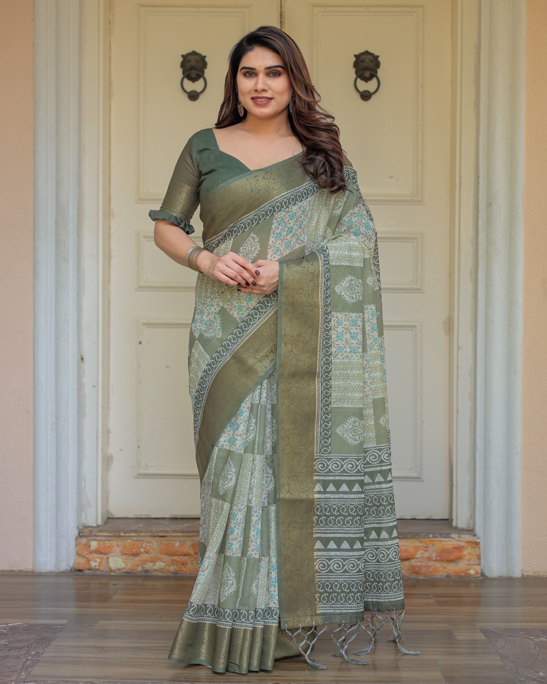 Traditional Printed Handloom Cotton Saree with Rich Zari Border & Heritage Pallu(Pack of 1)