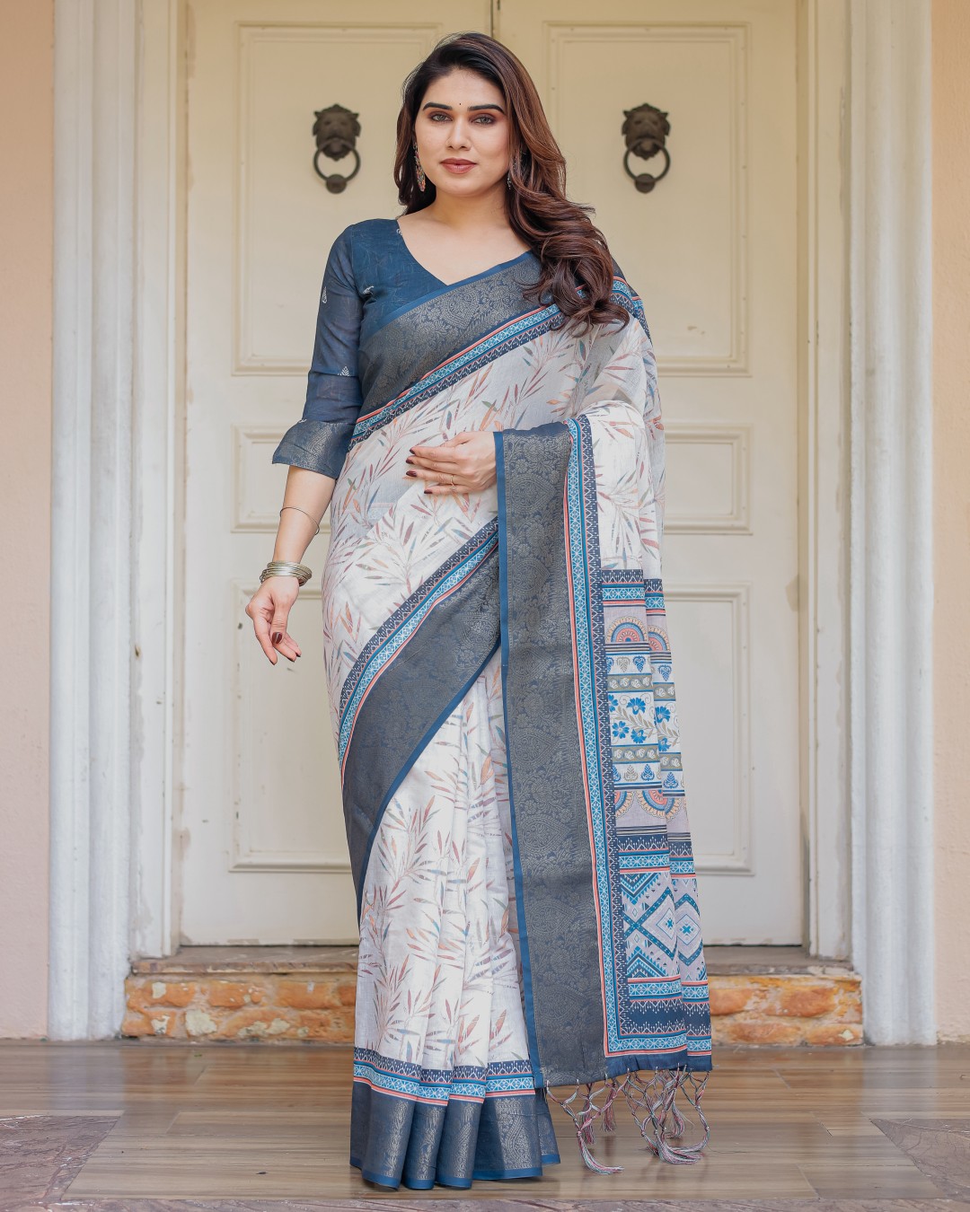 Traditional Printed Handloom Cotton Saree with Rich Zari Border & Heritage Pallu(Pack of 1)